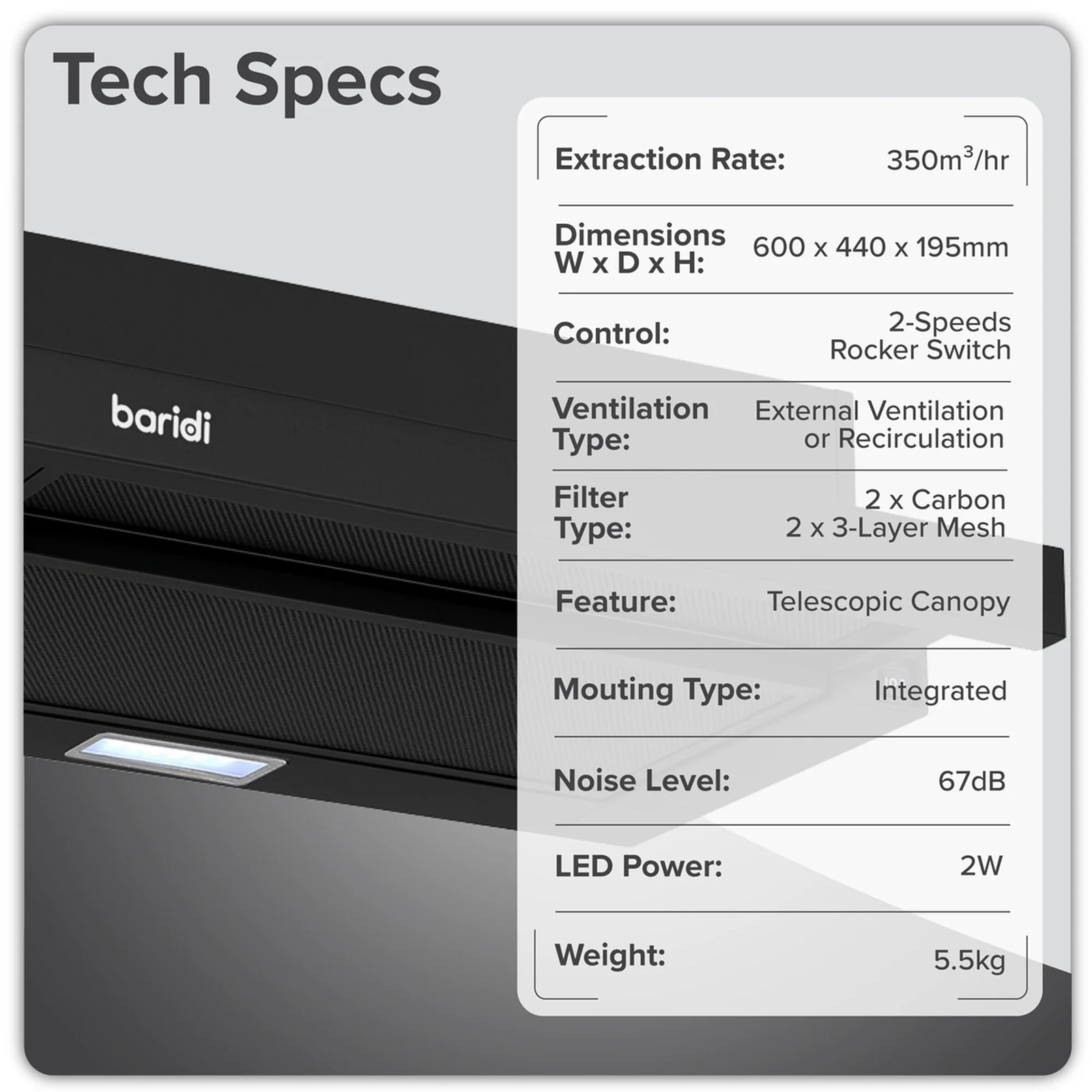 Baridi Wall Mounted Cooker Hood 60cm - 33W Power