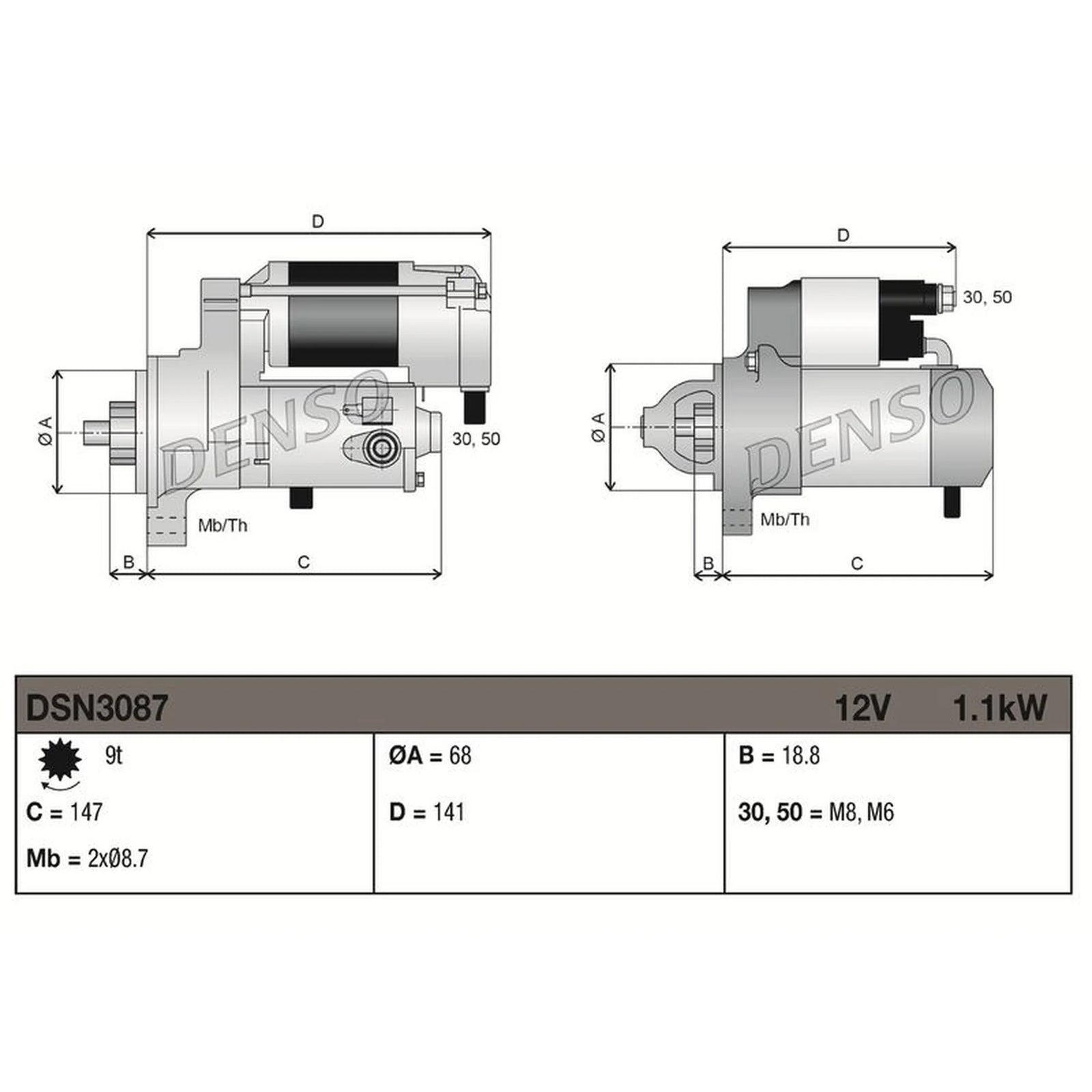 Denso Starter Motor 12V 1.1kW 9 Teeth DSN3087
