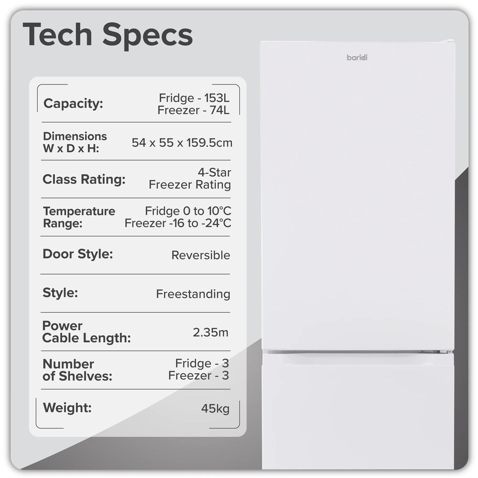 Baridi 60/40 Smart Frost Fridge Freezer 227L Capacity - White