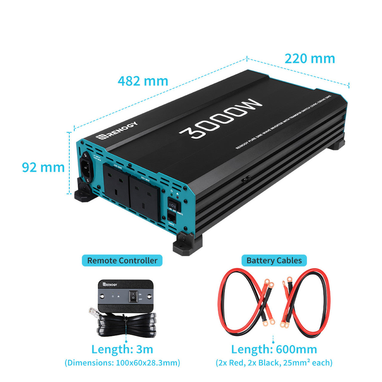 Renogy 3000W 12V to 230V/240V Pure Sine Wave Inverter With English Standard Socket