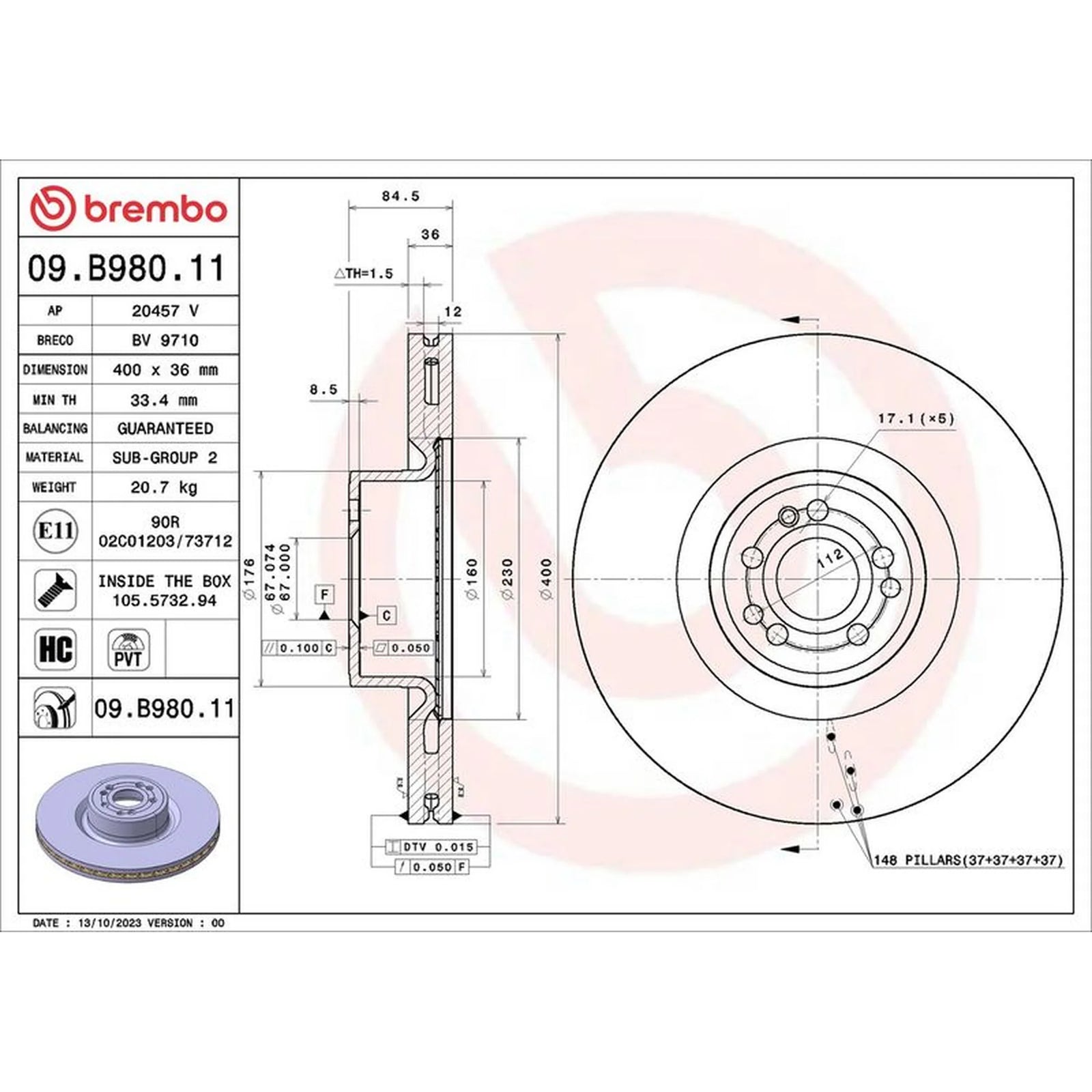 Brembo 2 x Internally Vented Brake Discs fits Mercedes-Benz S-Class 2013-2023