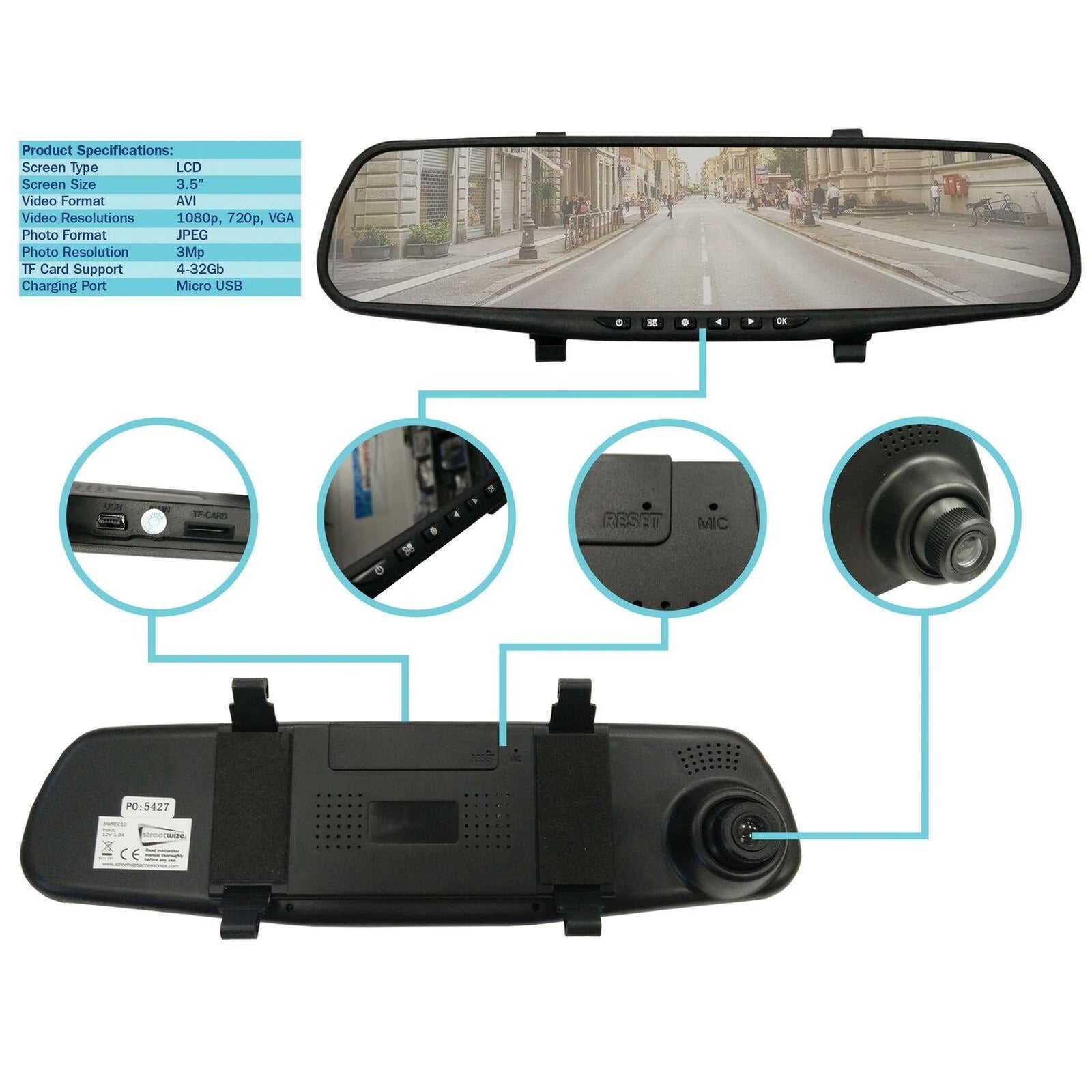 Streetwize In Car Rear View Mirror Mount HD Dash Cam Camera Video Journey