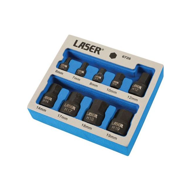Laser Low Profile Impact Hex Socket Bit Set 1/4"D, 3/8"D 9pc 6726