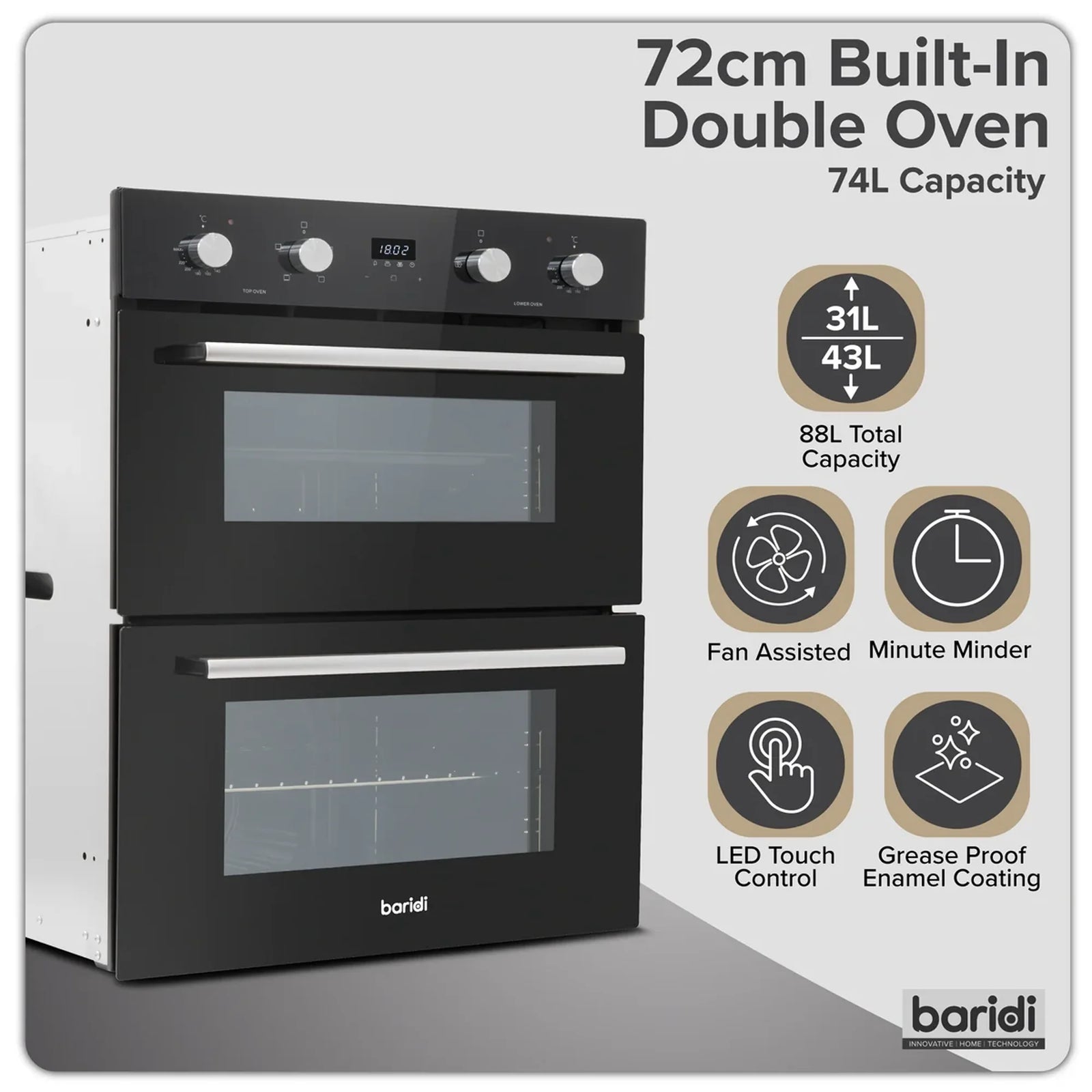 Baridi Built-Under Double Oven DH278, 74L Capacity, Energy Rating A
