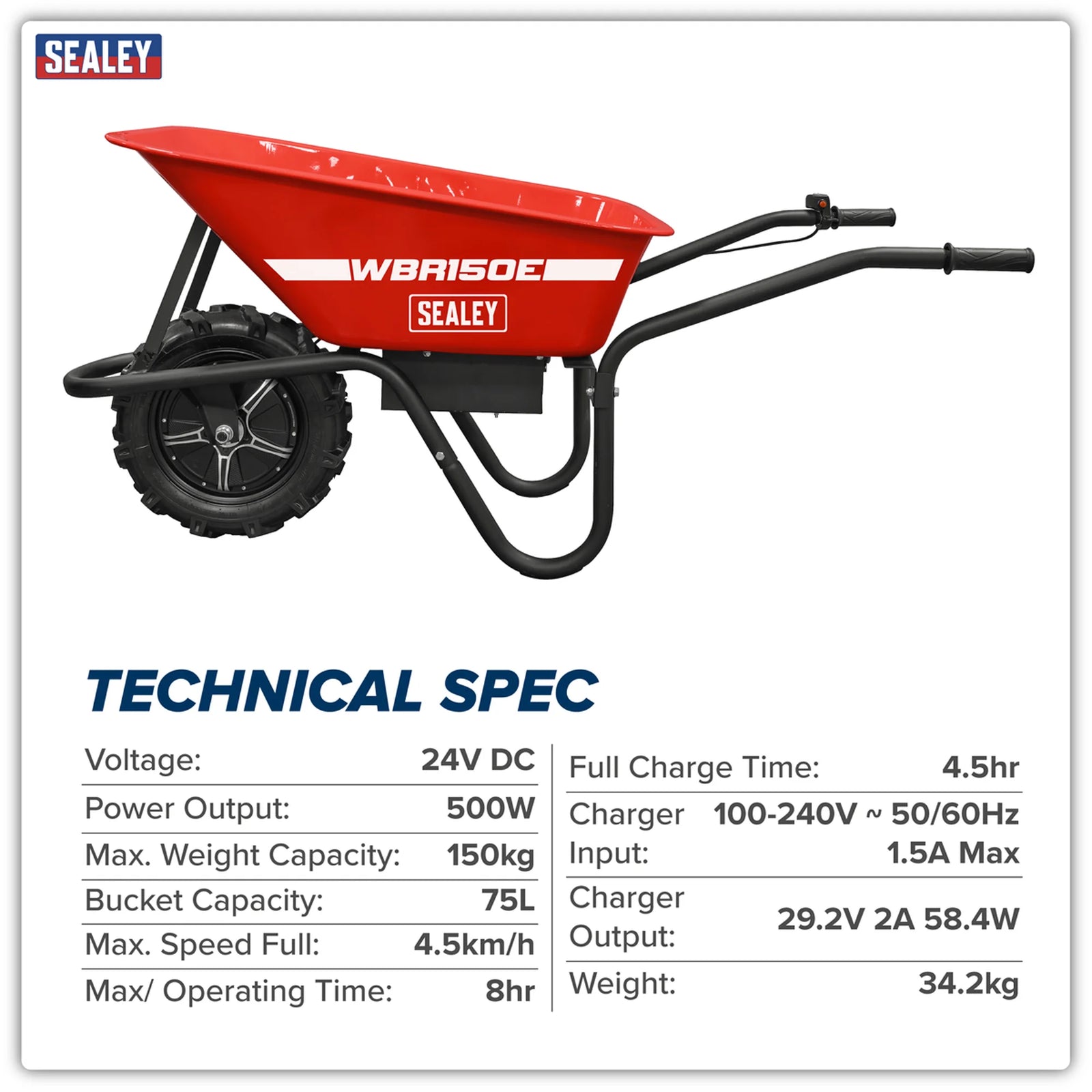 Sealey Electric Wheelbarrow WBR150E 150kg Capacity