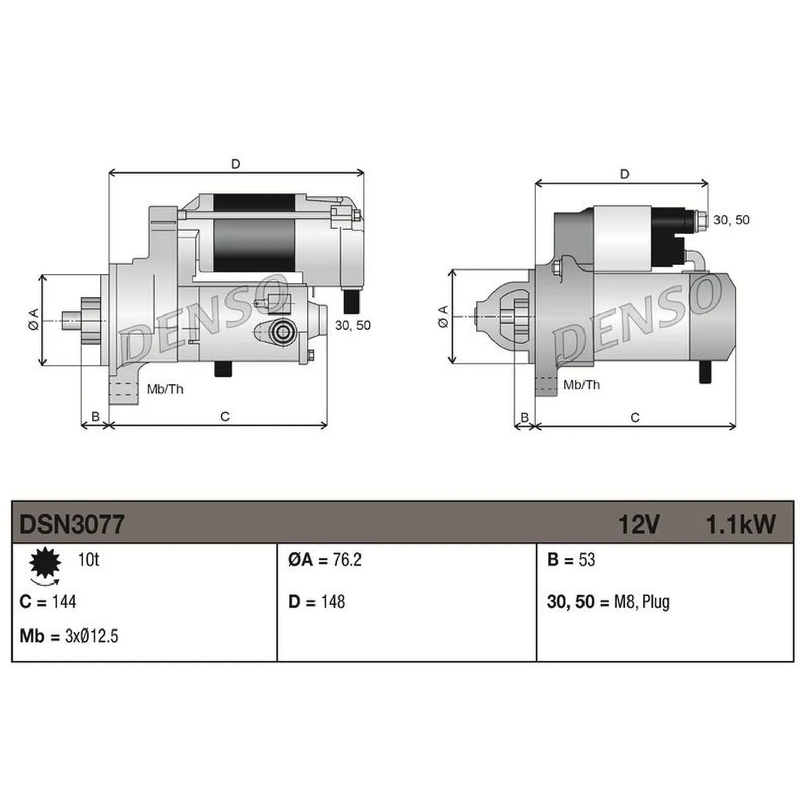 Denso Starter Motor 12V 1.1kW 10 Teeth DSN3077