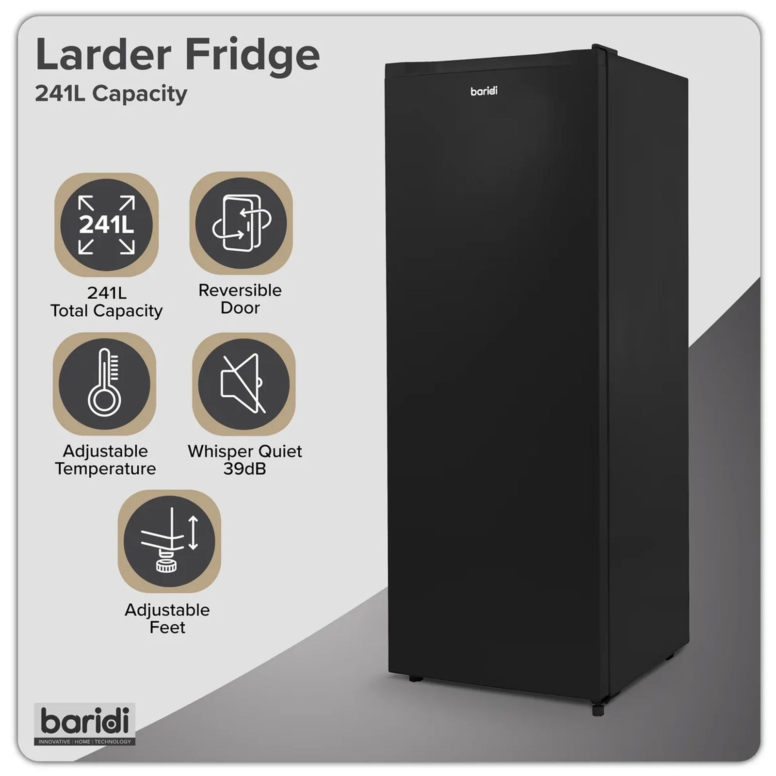 Baridi Freestanding Larder Fridge 241L - Black