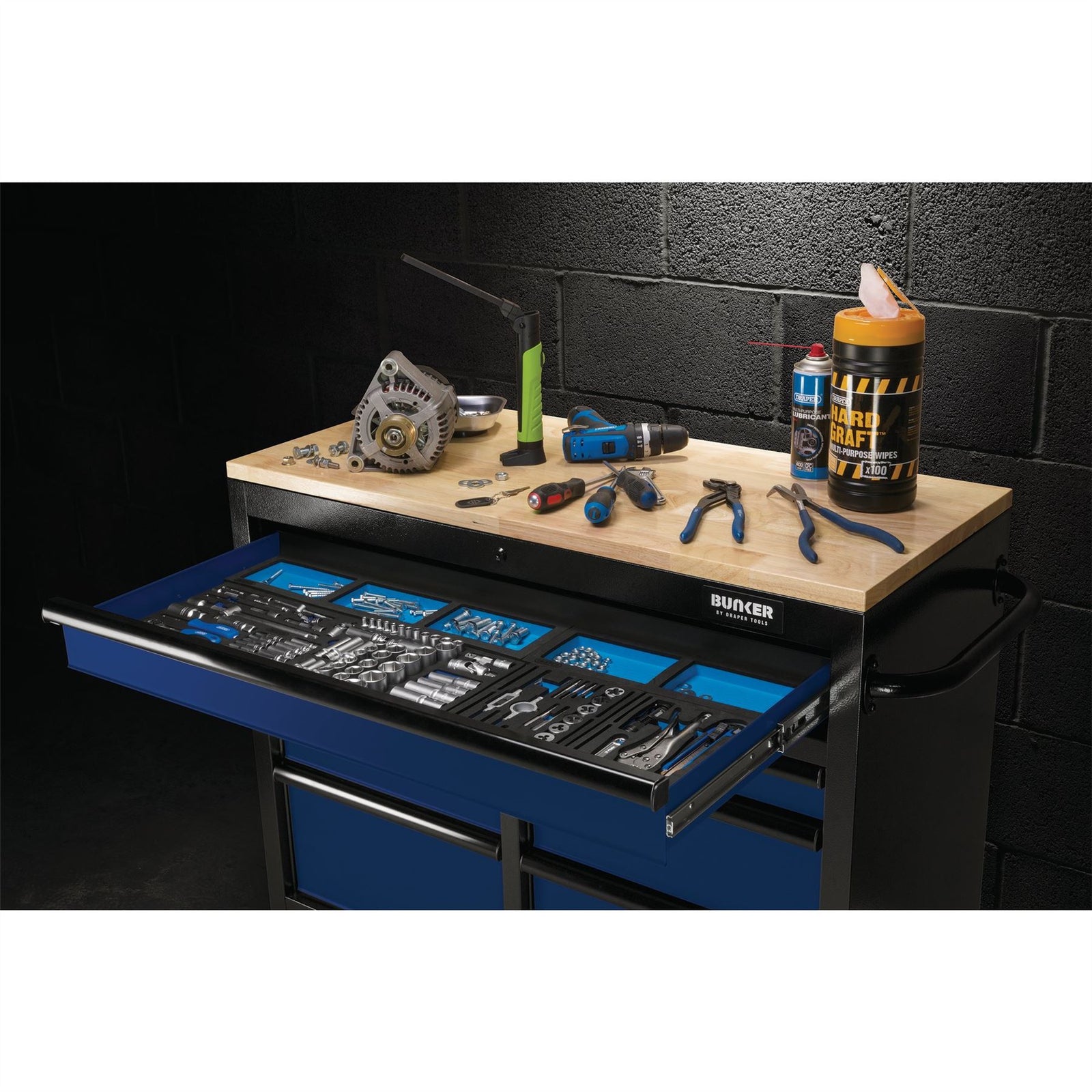 Draper BUNKER Workbench Roller Tool Cabinet, 7 Drawer, 41", Blue 08222