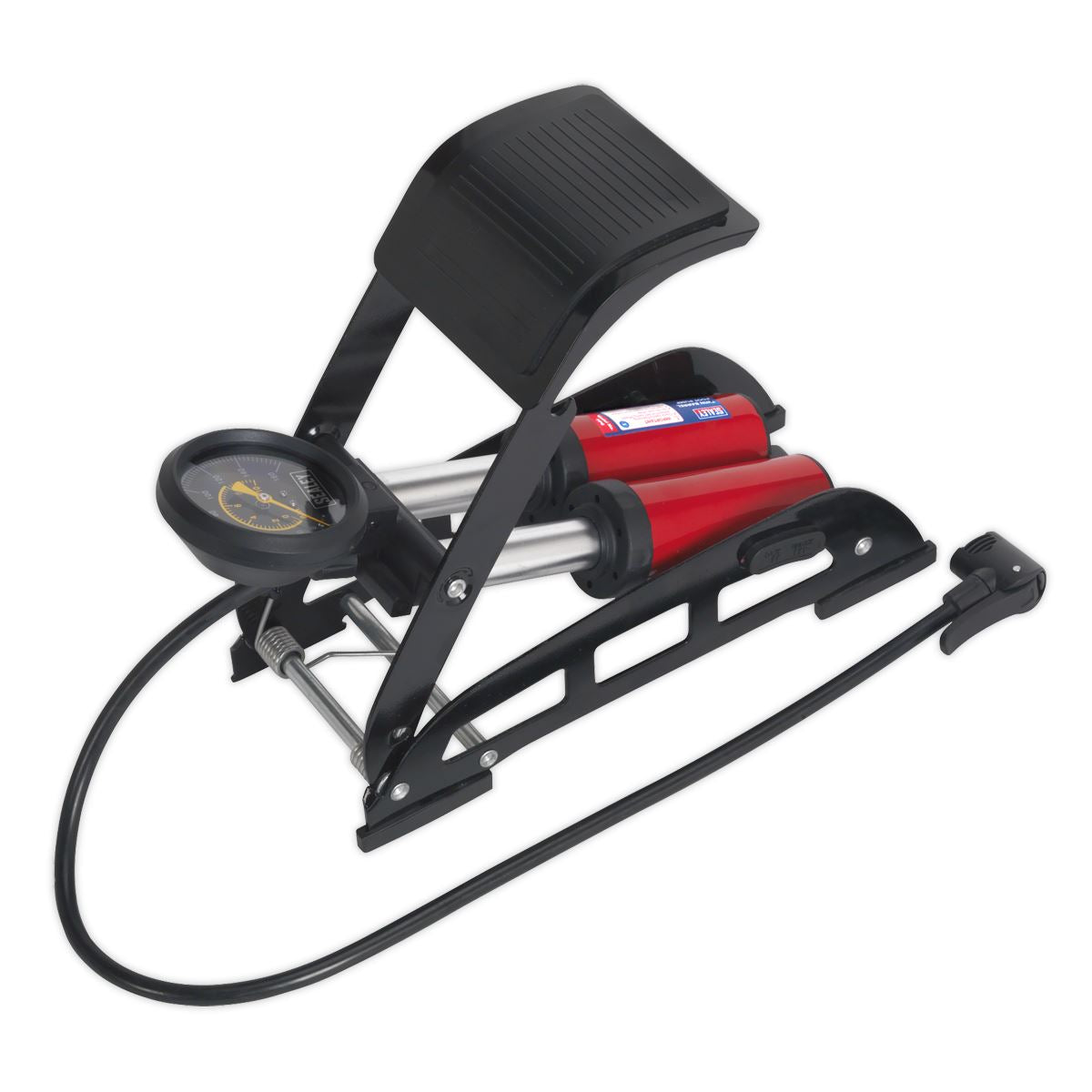 Sealey 0-160 PSI Dial Type Twin Barrel Foot Pump 700mm Hose Car Van Tyre