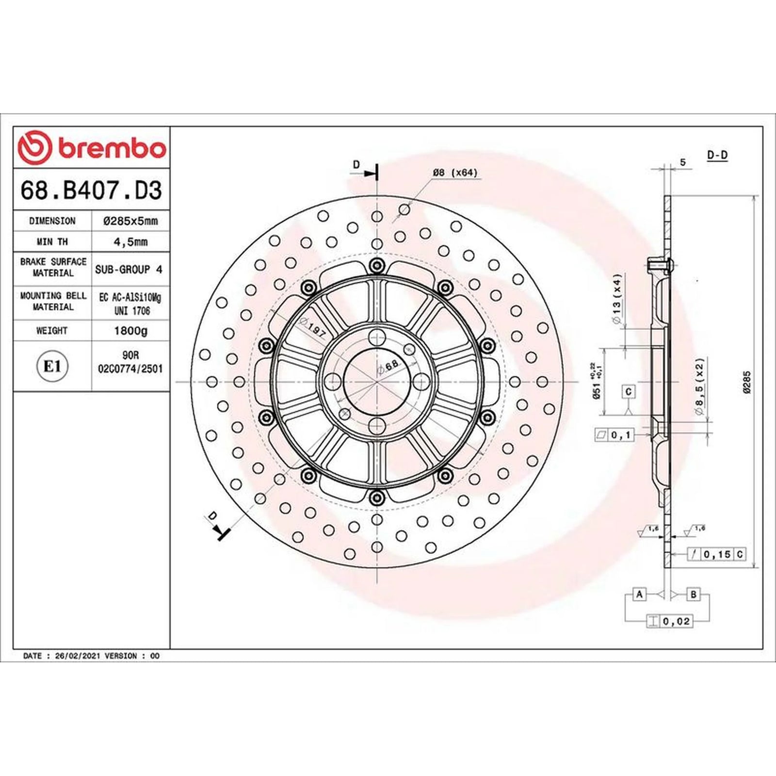 Brembo 2 x Rigid Rear Brake Disc Brake Discs 68B407D3