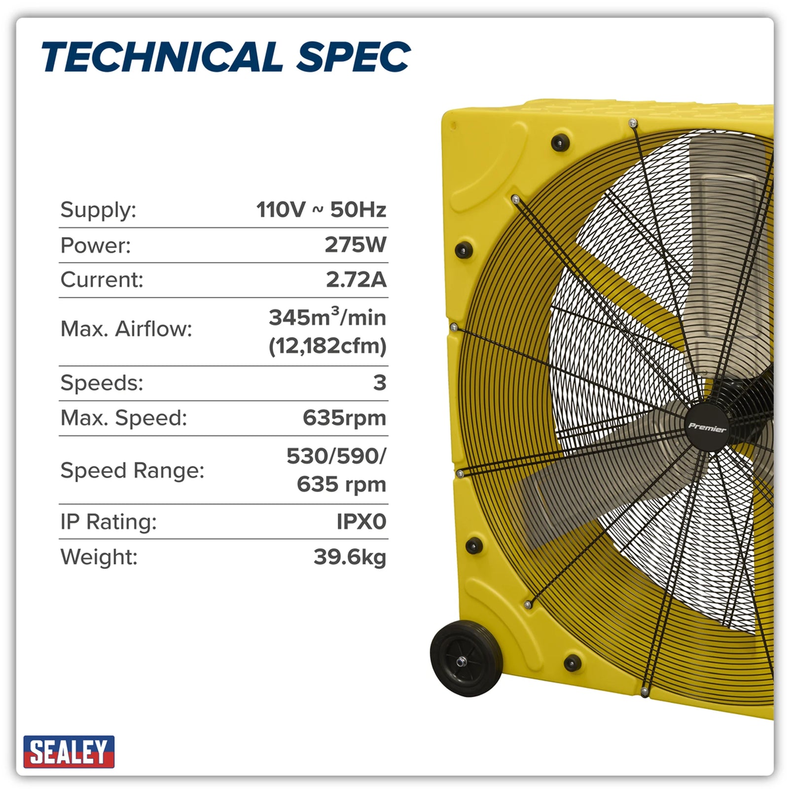 Sealey Premier 42" Industrial High Velocity Drum Fan 275W 3-Speed