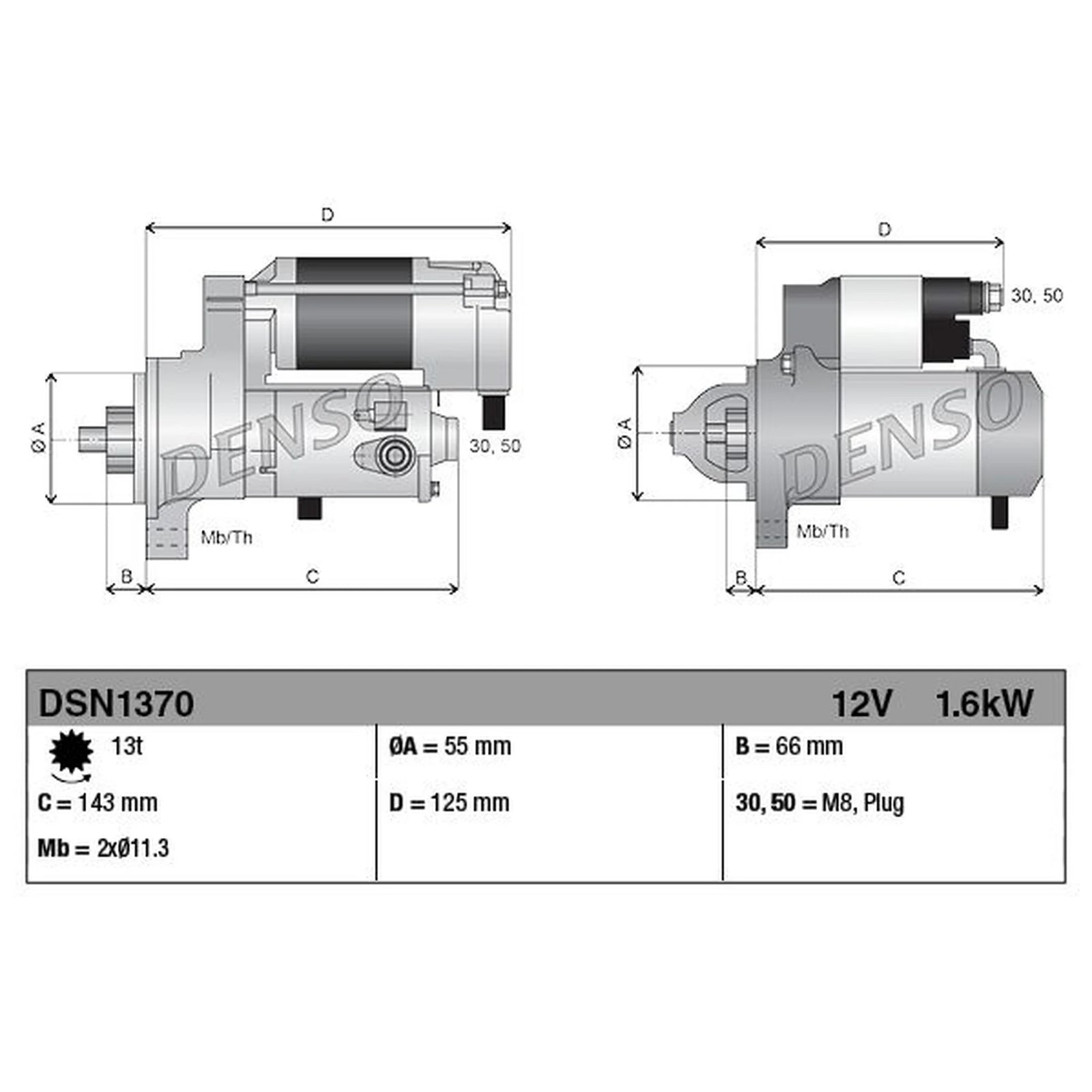 Denso Starter Motor 12V 1.6kW 13 Teeth DSN1370