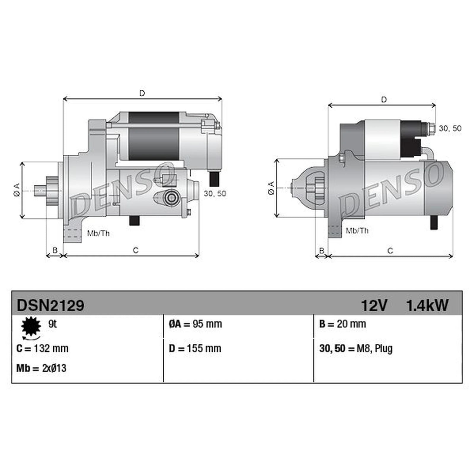Denso Starter Motor 12V 1.4kW 9 Teeth DSN2129