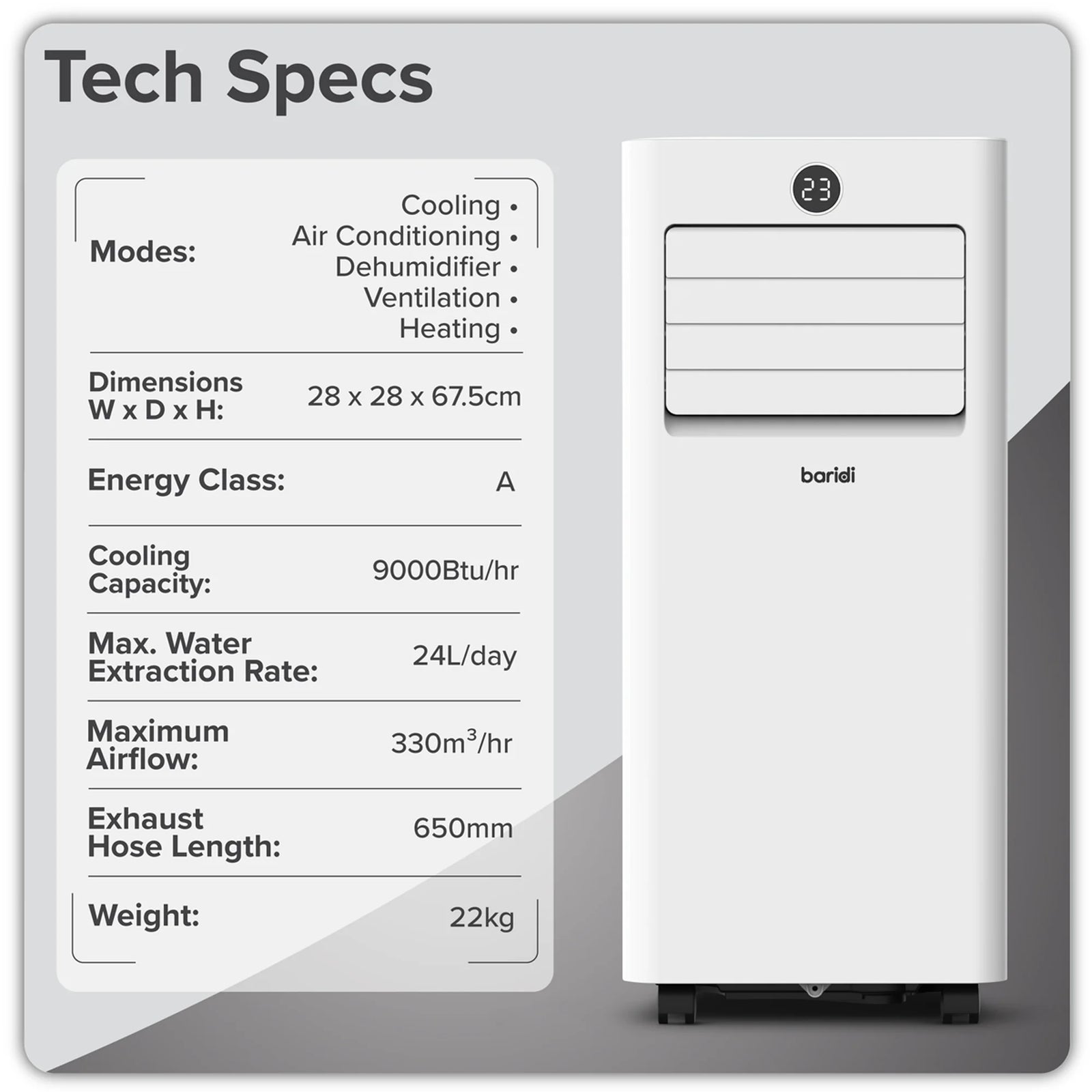 Baridi 5-in-1 Portable Air Conditioner DH414 9000Btu/hr