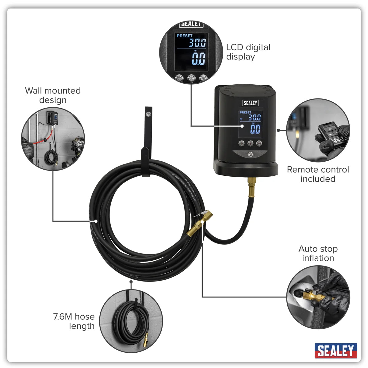 Sealey Wall Mounting Tyre Inflator SA450 174psi Digital