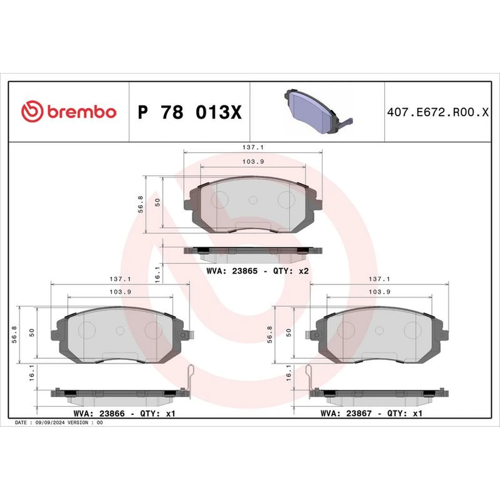 Brembo 4 x Front Brake Pad Set P78013X