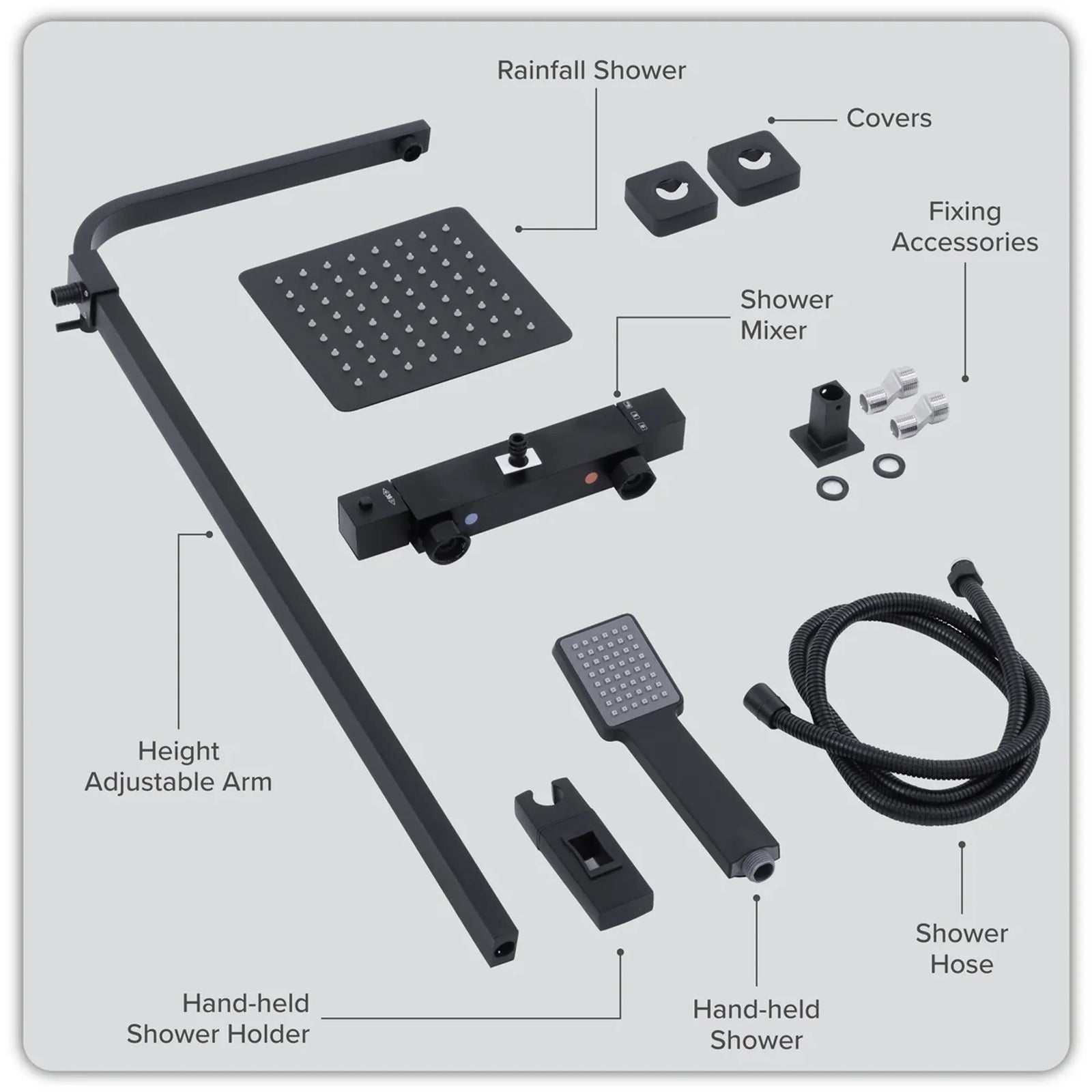 Baridi Thermostatic Shower Mixer Set 20x20cm Square Head Black