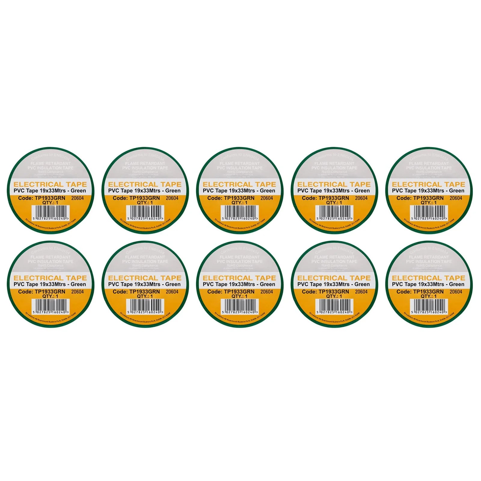 Non-Branded Green PVC Electrical Insulation Tape, 19mm x 33m (Pack of 10)