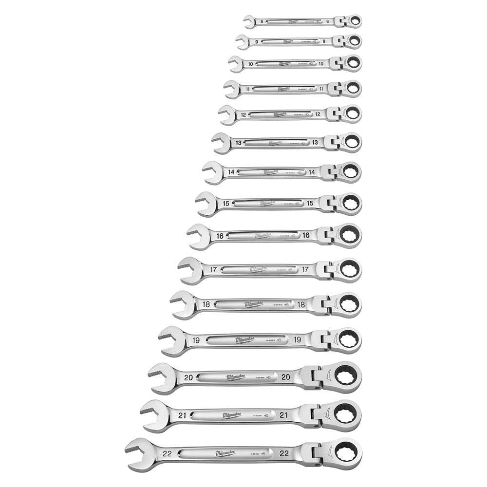 Milwaukee MAX BITE metric flexible head ratcheting combination spanner 15 set