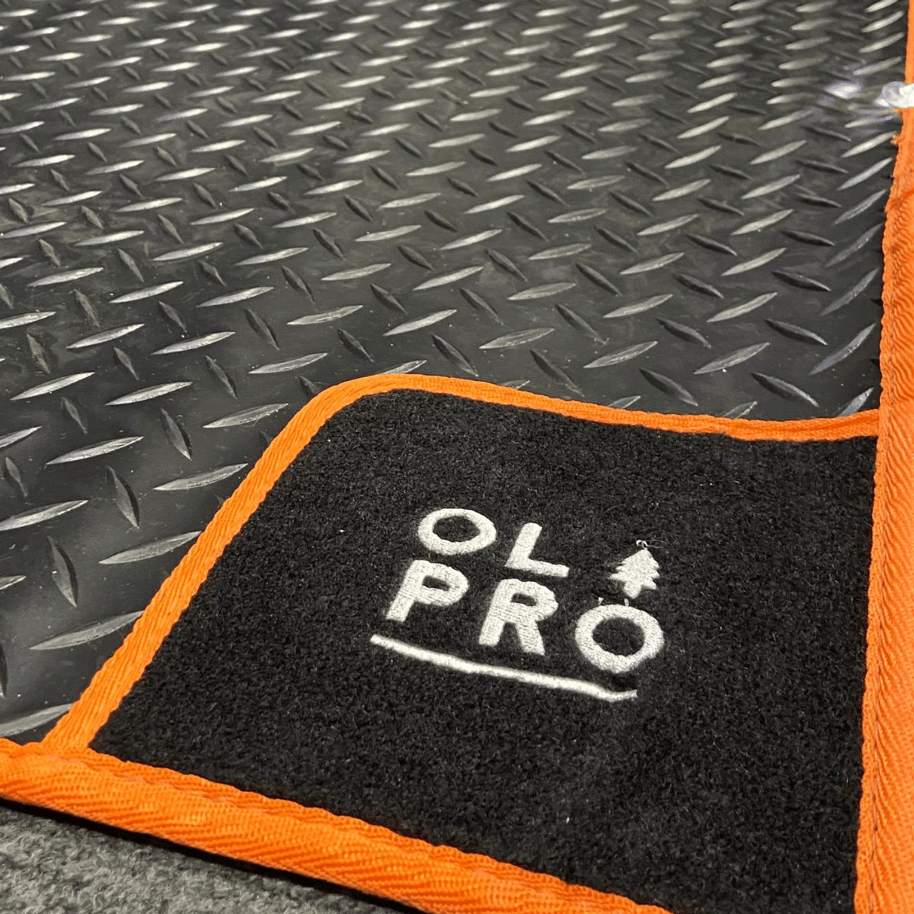 Olpro Awning Tunnel Mat 1500mm x 800mm Black Rubber checker board with Orange Edge Trim