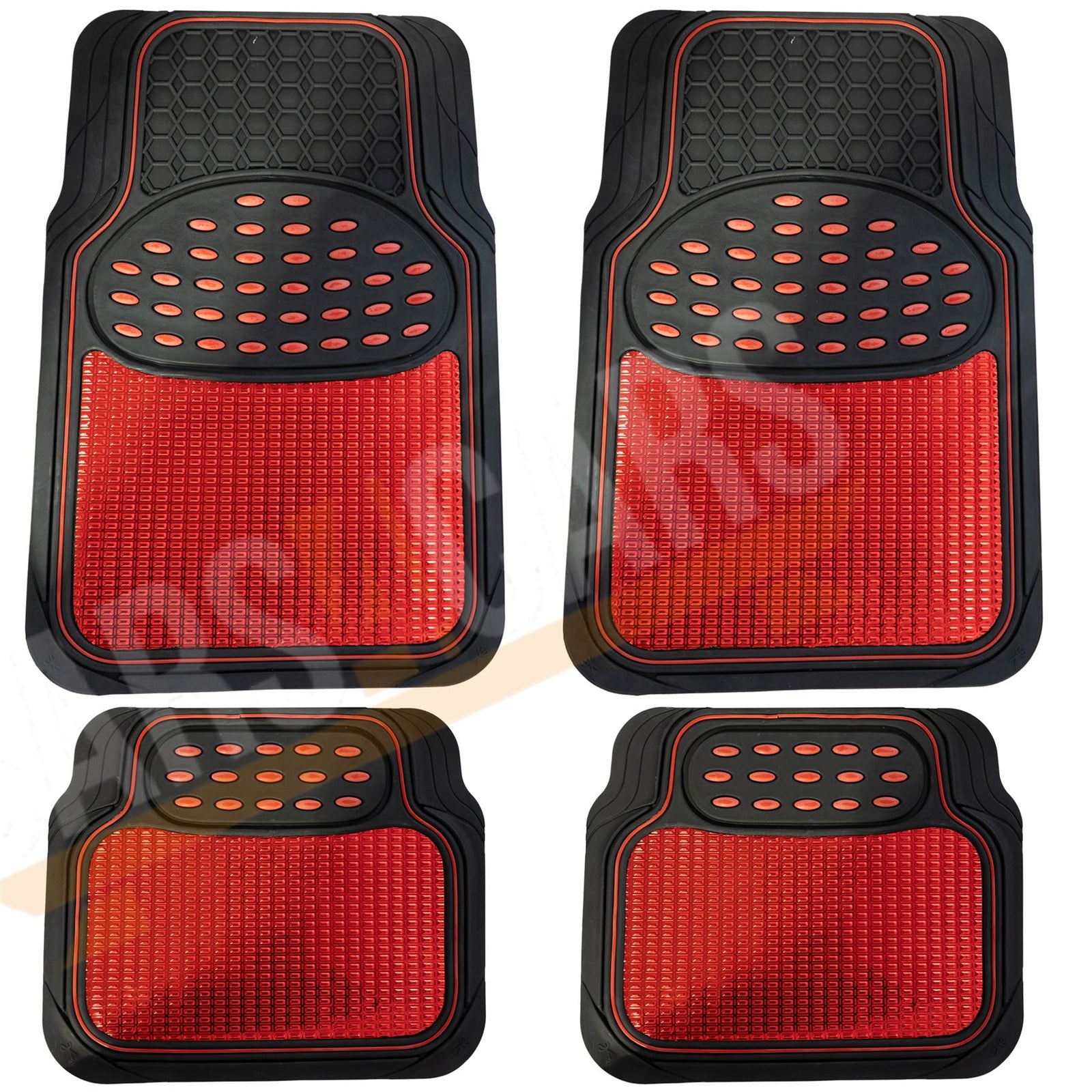 Shiney Red Metallic Checker Style Car Heavy Duty Black Rubber Set of 4 Mats Set