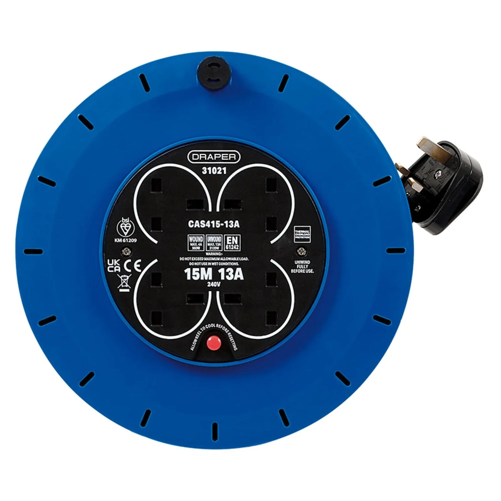 Draper 230V 13A 4 Socket Cassette Reel, 15m