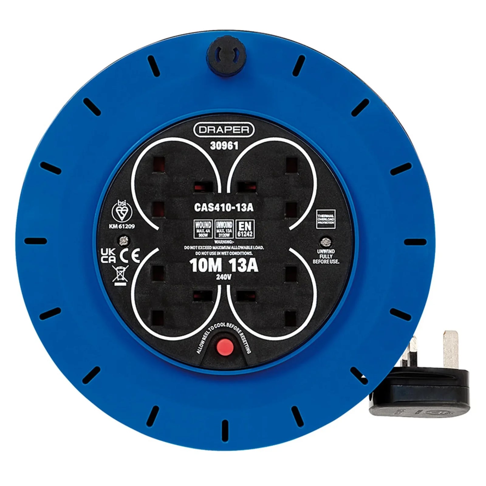 Draper 230V 13A 4 Socket Cassette Reel, 10m Extension Cable