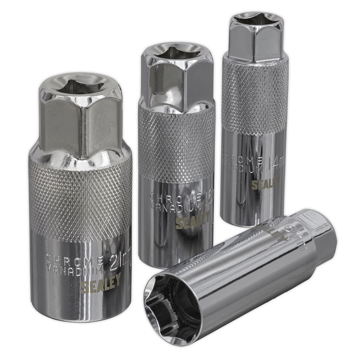 Sealey Spark Plug Socket Set 4pc 3/8" Drive 14mm 16mm 21mm Sockets Thin Wall