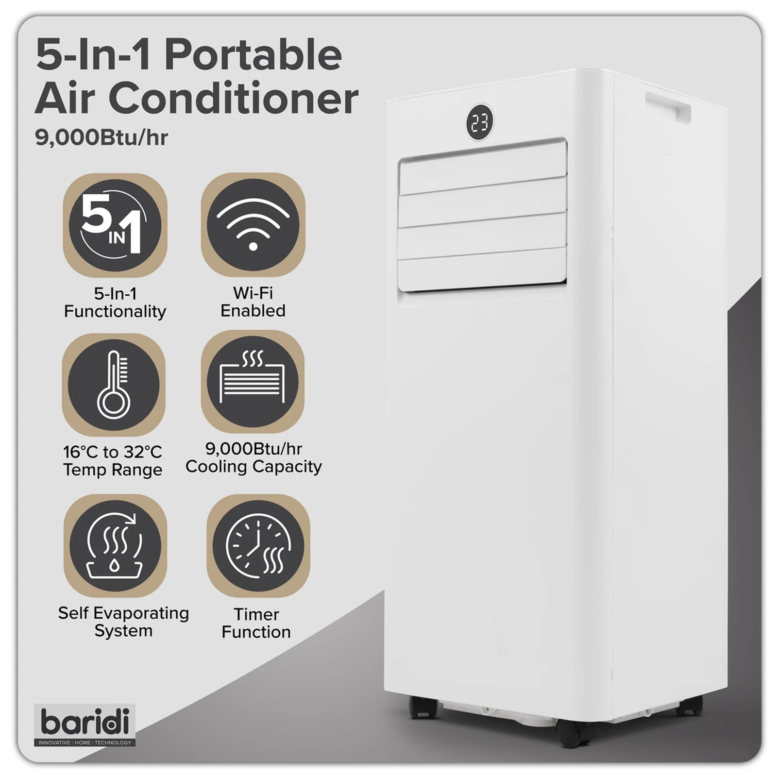 Baridi 5-in-1 Portable Air Conditioner DH414 9000Btu/hr