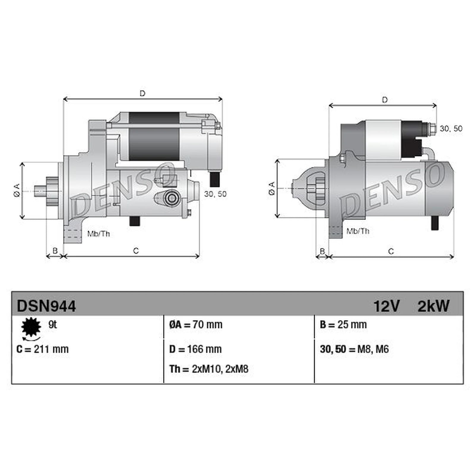 Denso Starter Motor 12V 2kW 9 Teeth DSN944