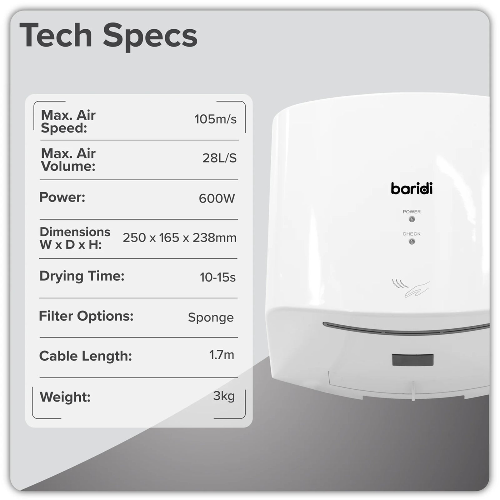 Baridi High Speed Hand Dryer DH378 1400-1650W White