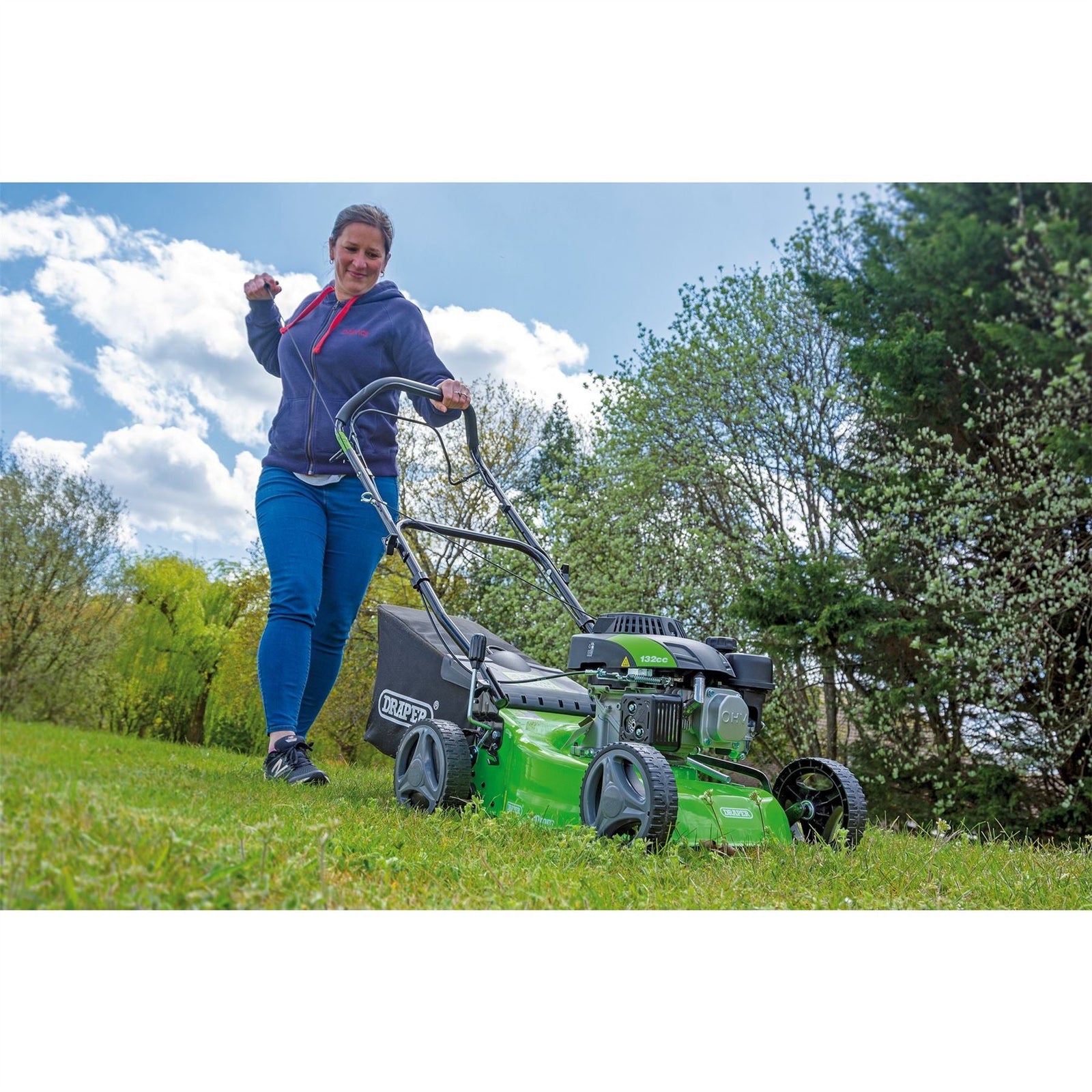 Draper Steel Deck Petrol Lawn Mower, 420mm, 132cc/3.3HP 08671