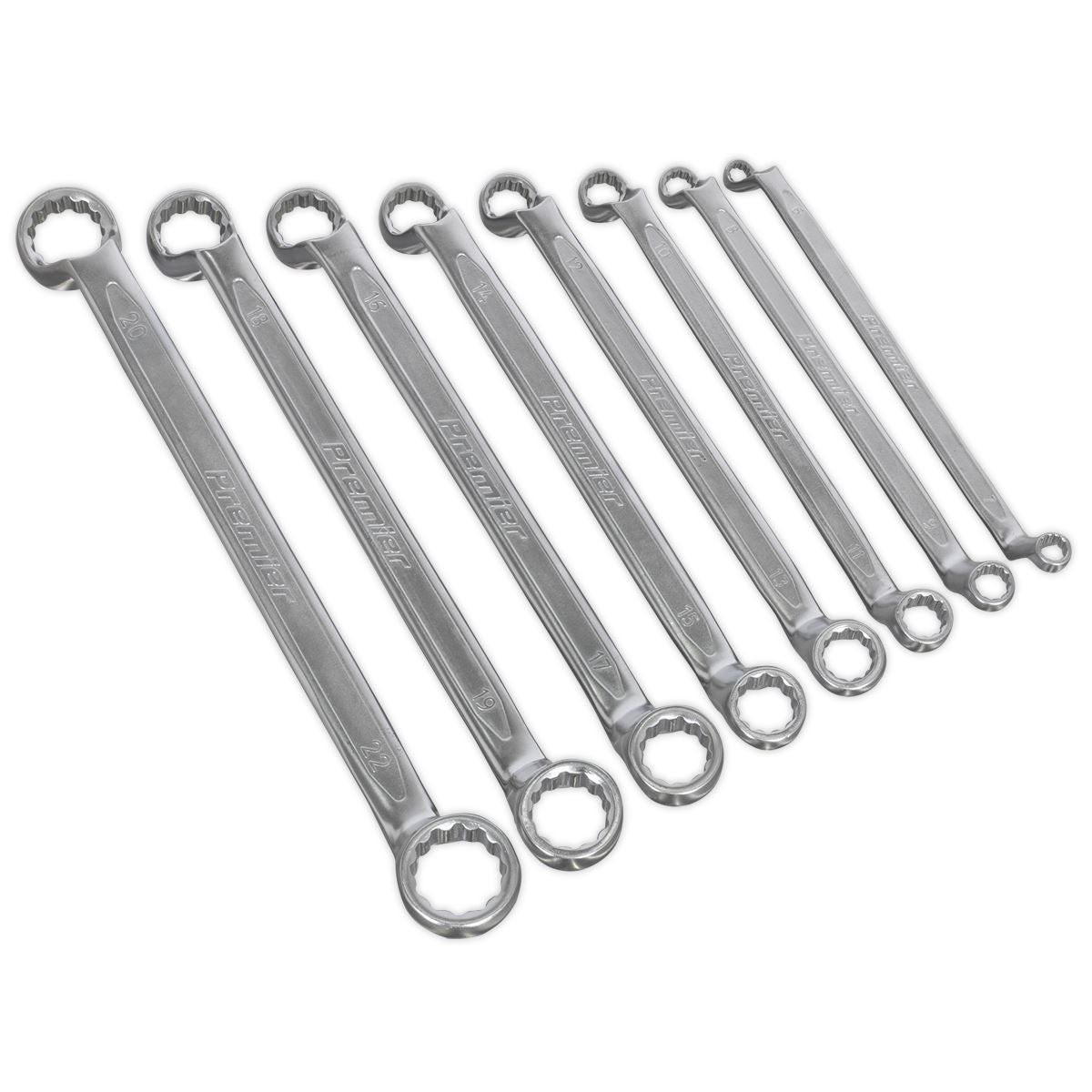 Sealey Premier 8pc Cold Stamped Offset Double End Ring Spanner Set Metric 6-22mm