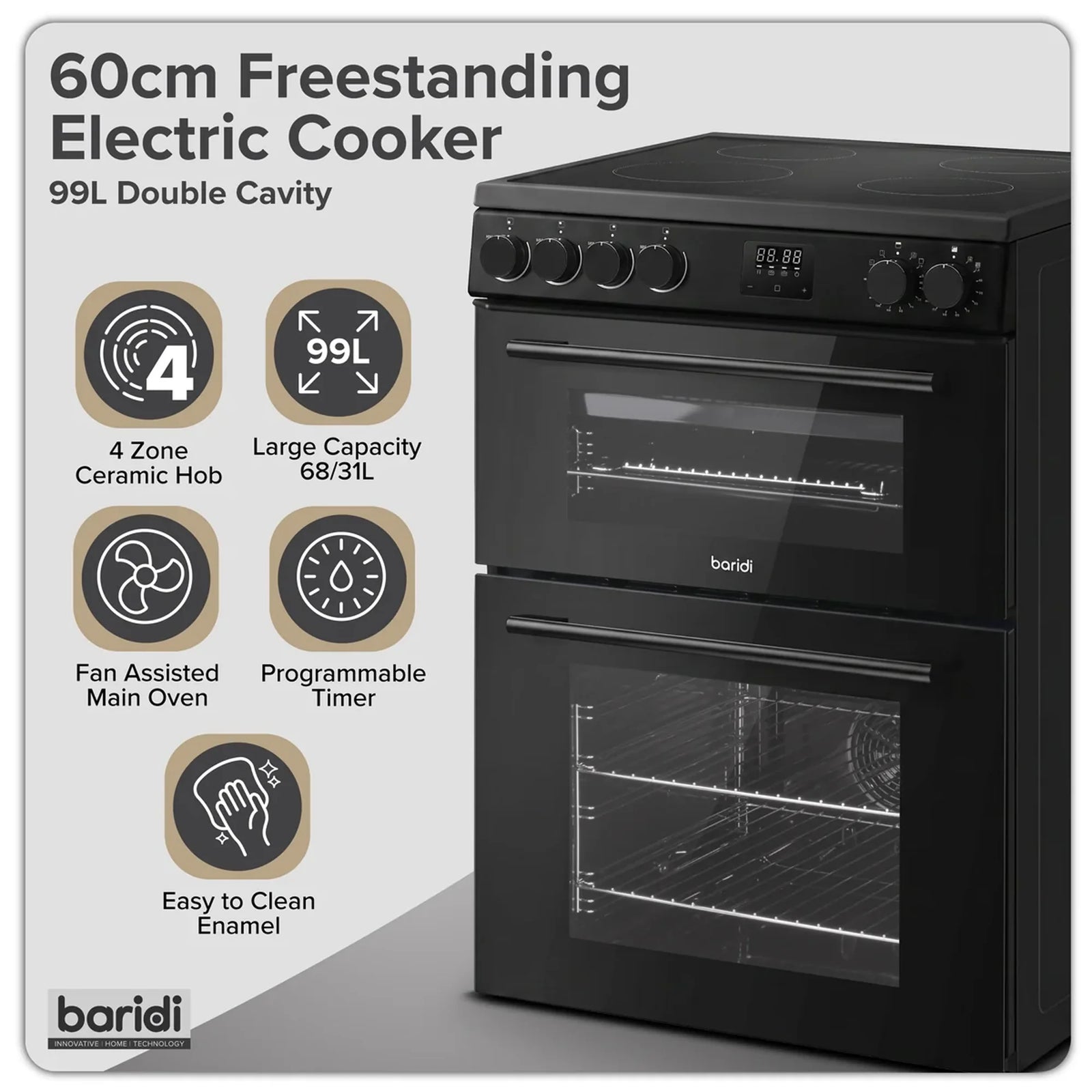 Baridi Freestanding Cooker DH429 60cm 99L Double Cavity - Black