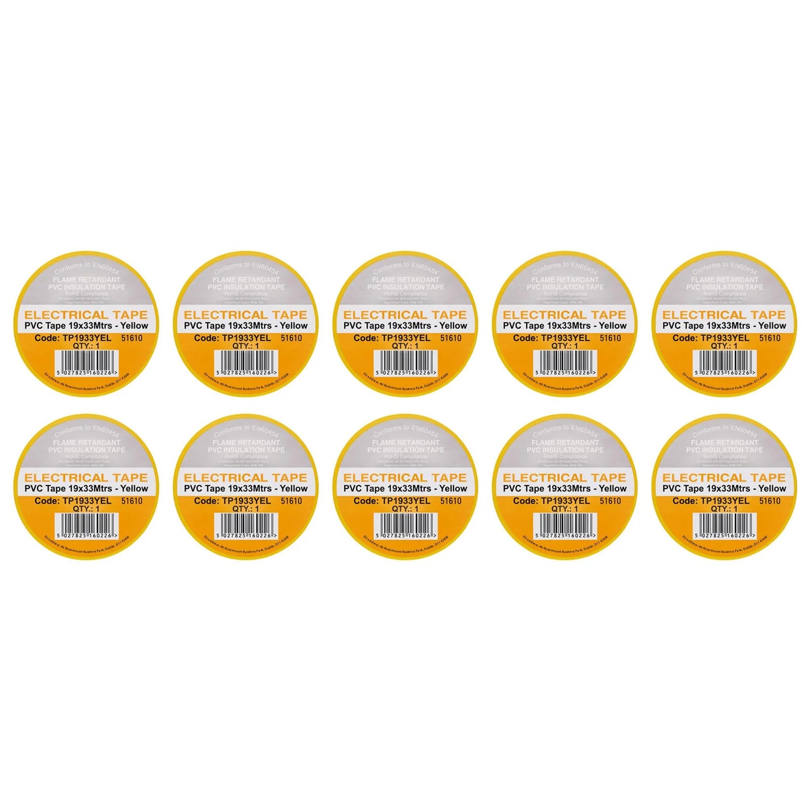 Non-Branded Yellow PVC Electrical Insulation Tape, 19mm x 33m (Pack of 10)