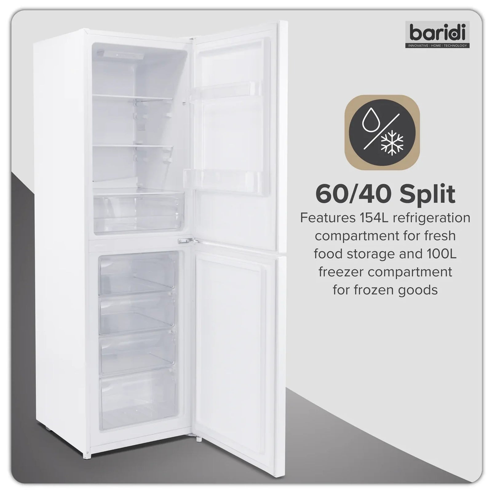 Baridi 50/50 Smart Frost Fridge Freezer 254L Capacity - White