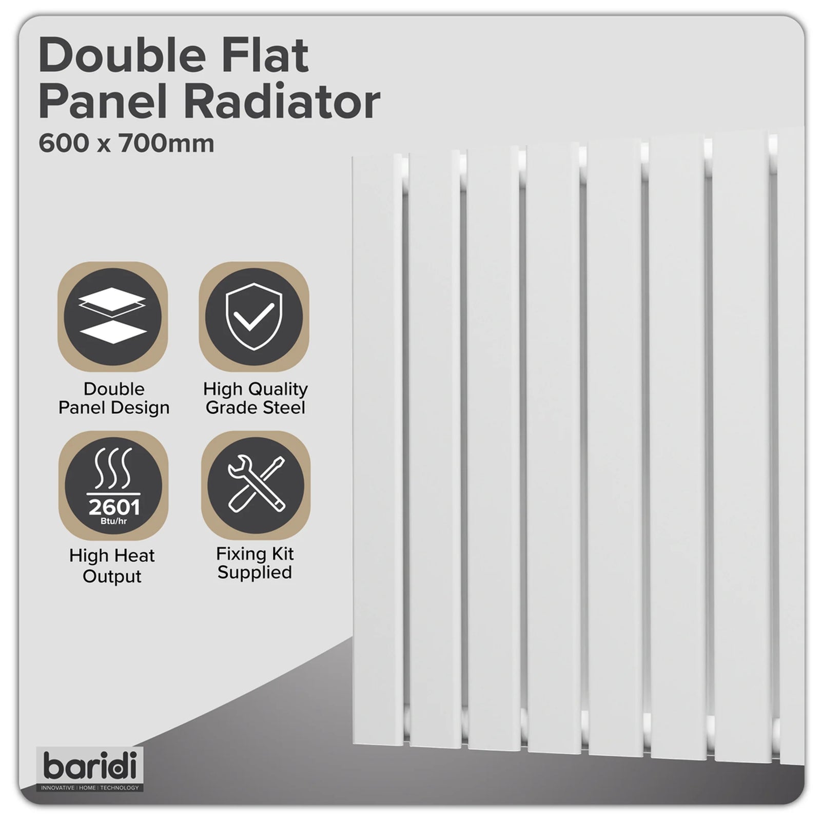 Baridi Horizontal Radiator 600 x 700mm Double Flat Panel White