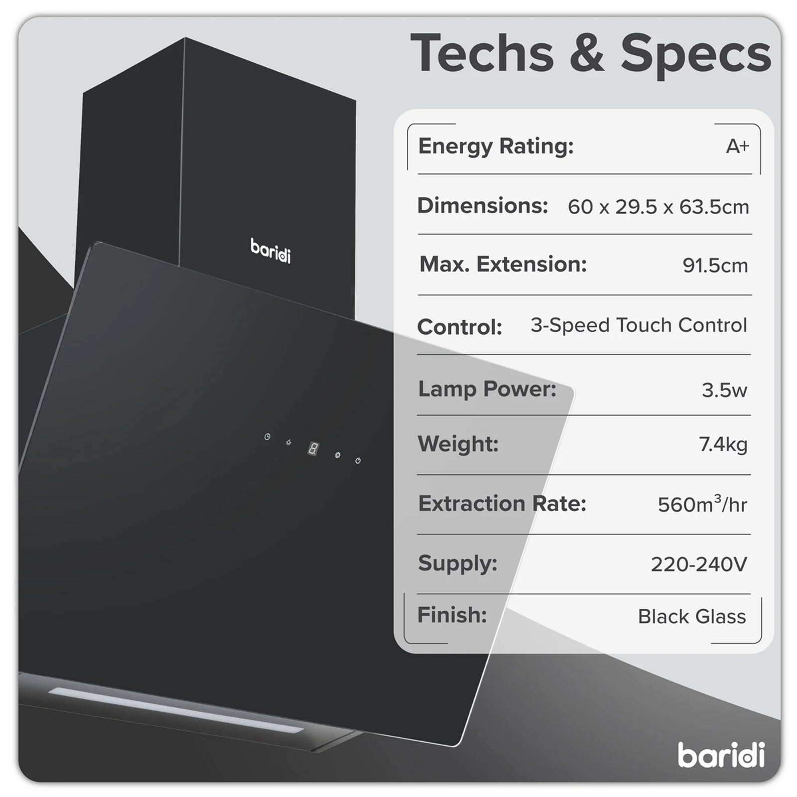Baridi DH105 60cm Wall Mounted Cooker Hood with Touch Controls