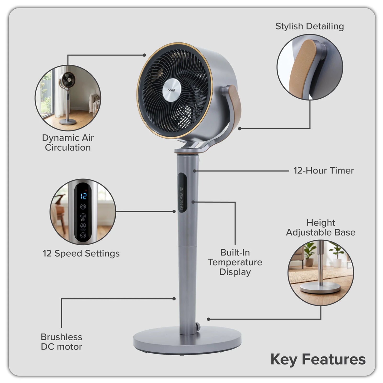 Baridi Pedestal Fan DH264 12" with Remote & Timer - Grey