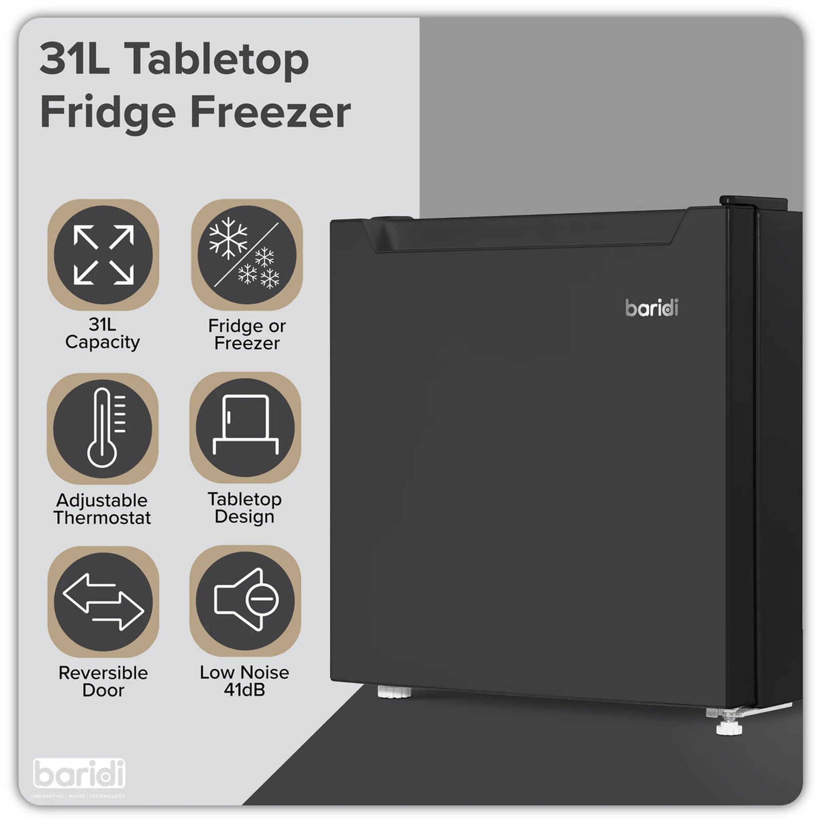 Baridi Mini Tabletop Fridge/Freezer DH255 31L Capacity - Black
