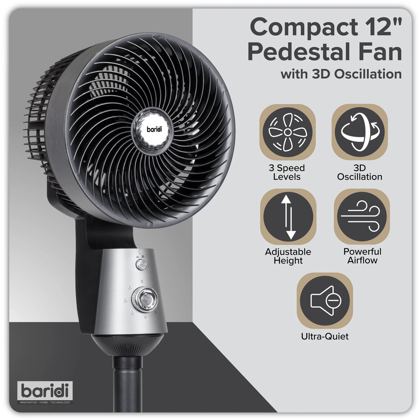 Baridi 10" Pedestal Fan DH142 60W Grey