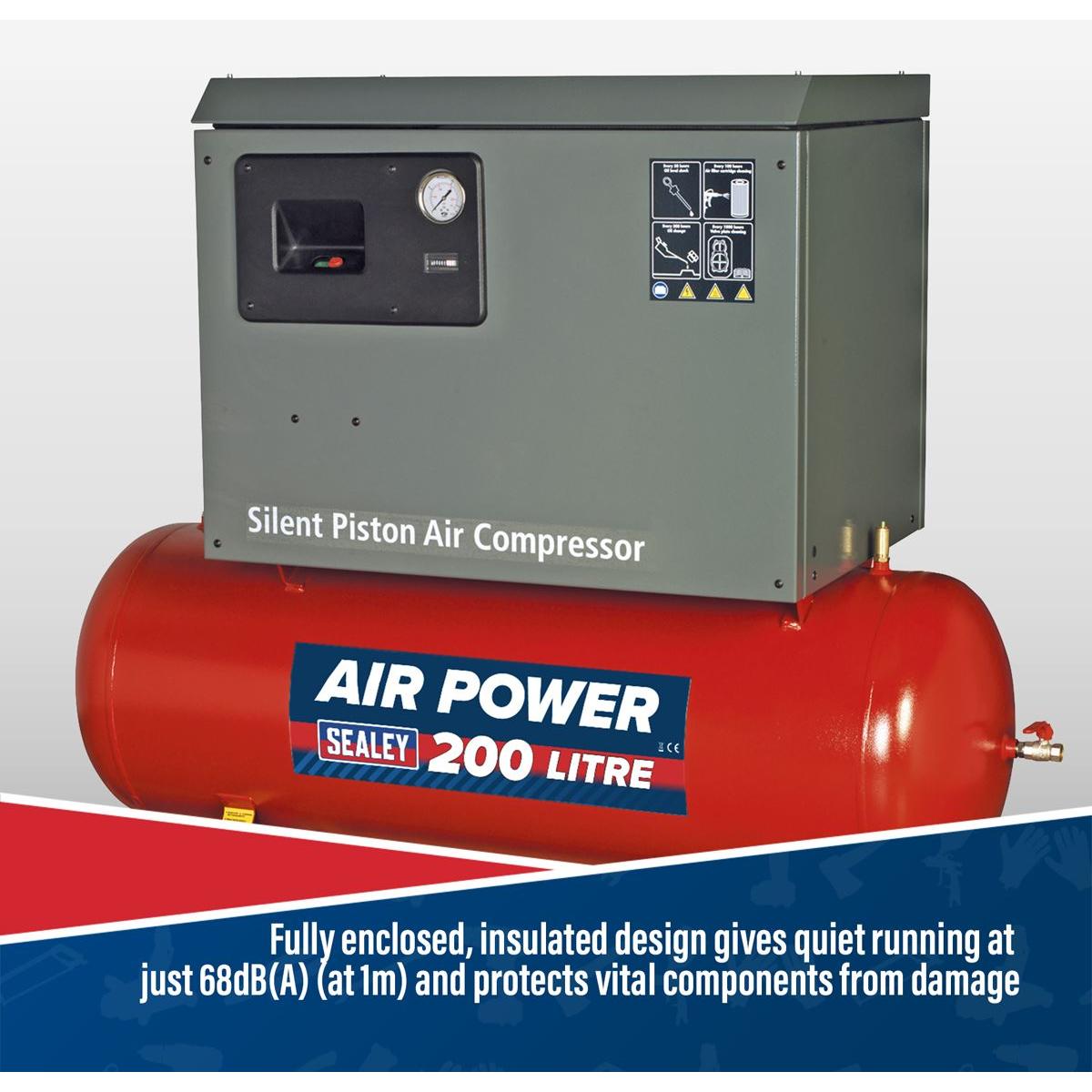 Sealey 200L Low Noise Belt Drive Air Compressor with Cast Cylinders 3hp