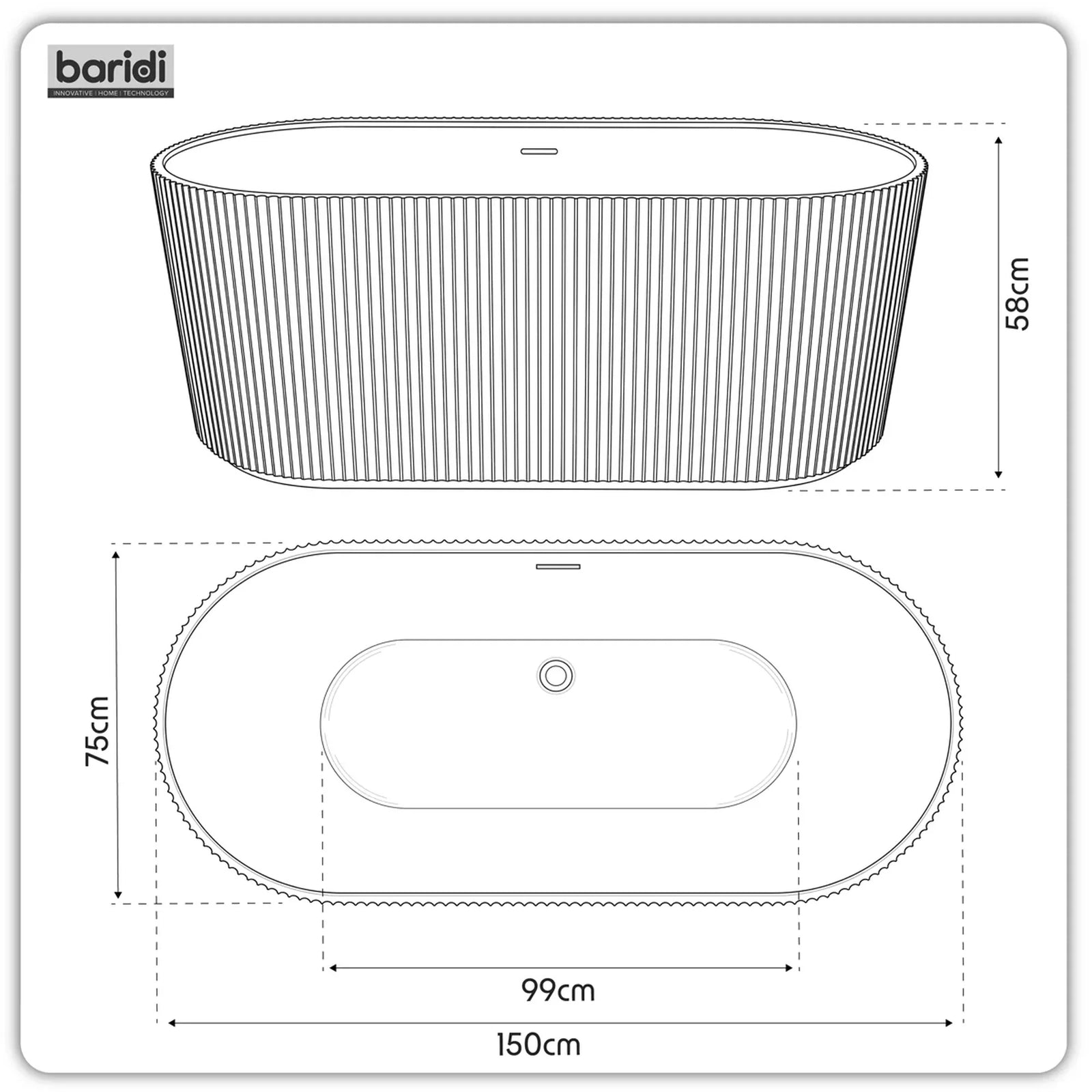 Baridi Double-Ended Fluted Bath 150cm Gloss White