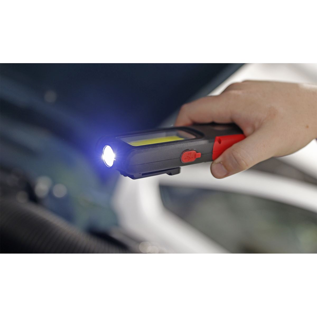 Sealey LED318 Rechargeable Inspection Lamp 5W COB + 3W LED + Power Bank Red