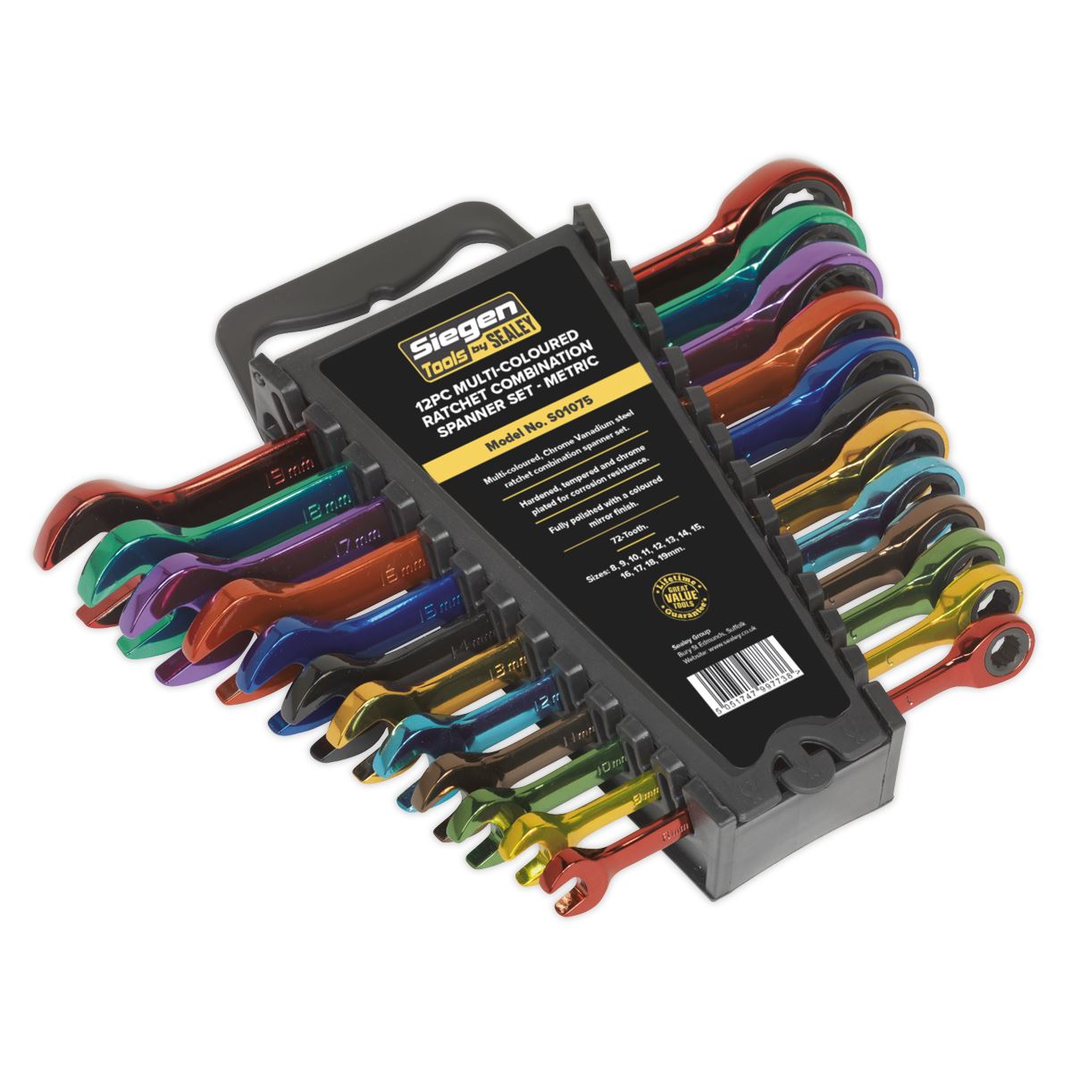 Seigen by Sealey Ratchet Combination Spanner Set 12pc Multi-Coloured Metric