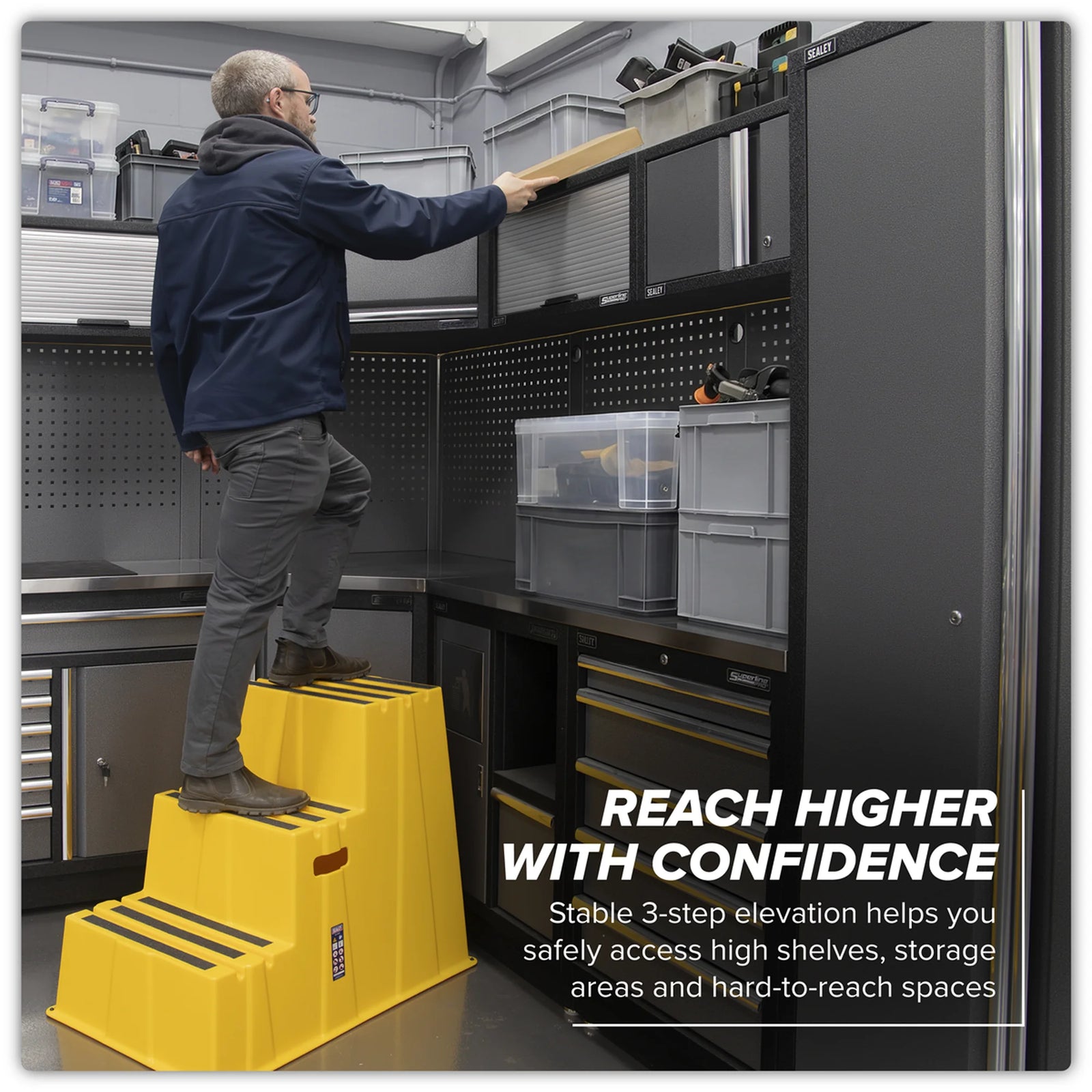 Sealey Heavy-Duty 3-Step Safety Steps 150kg Capacity Yellow
