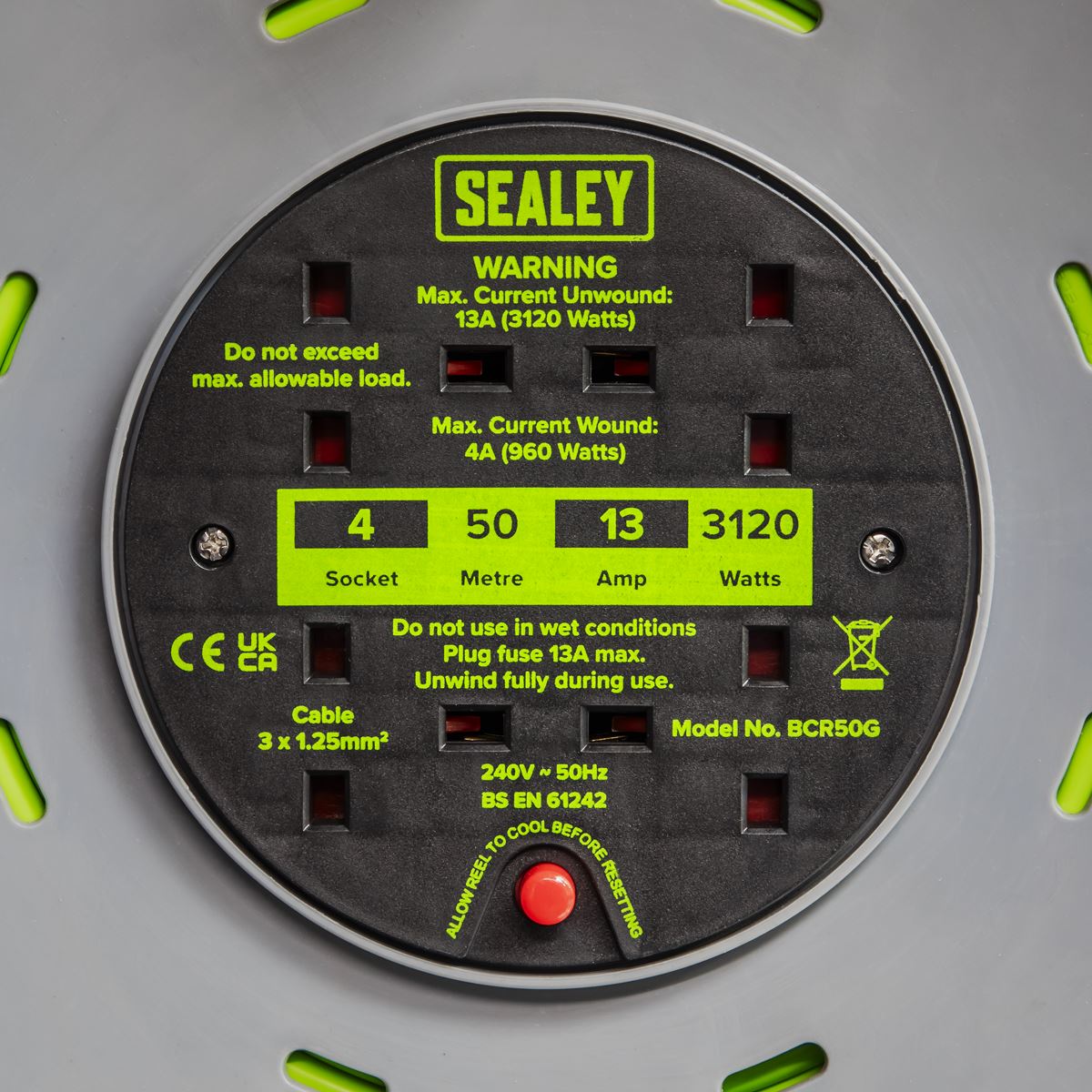 Sealey 50m Cable Reel with Thermal Trip 4 x 230V - Hi-Vis Green BCR50G