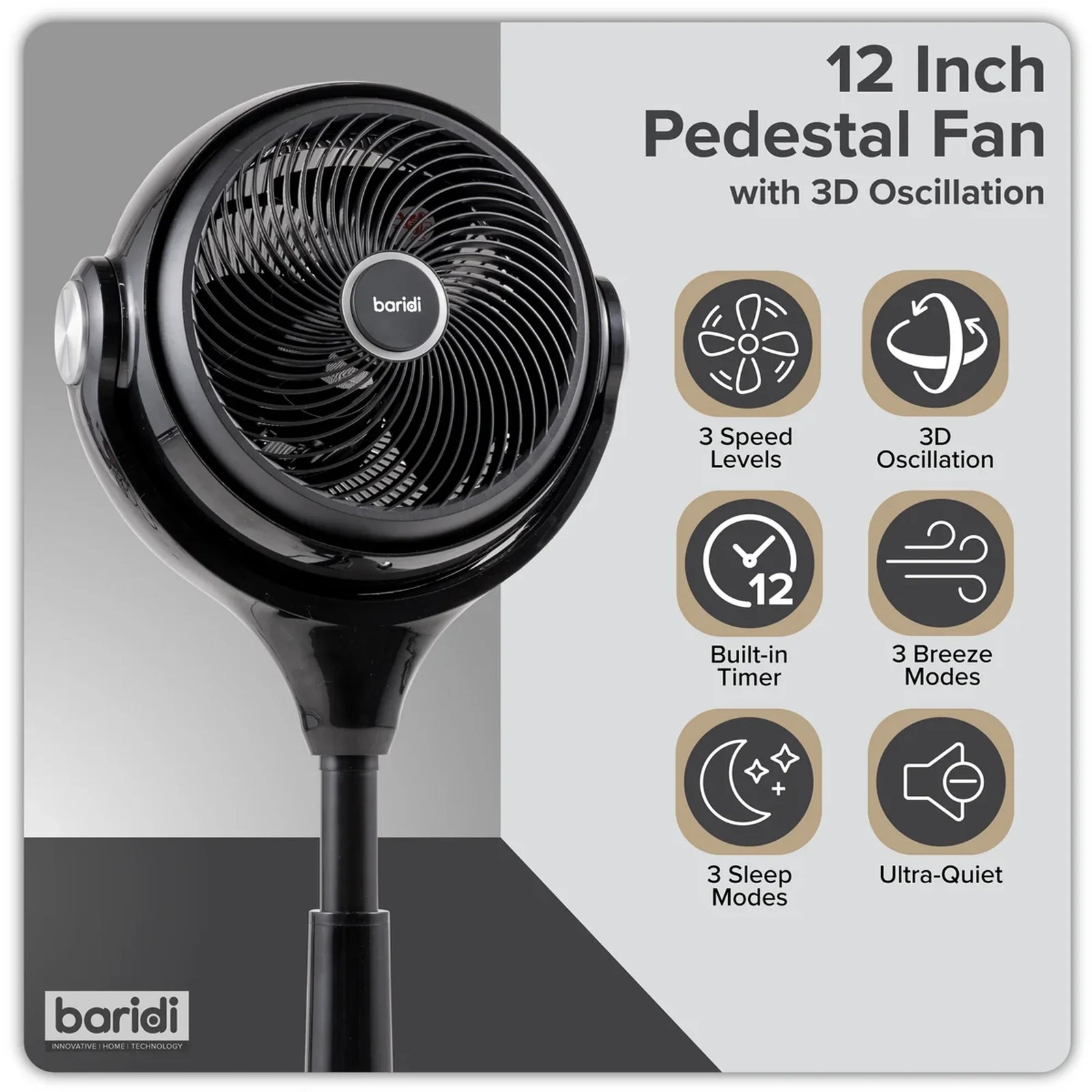 Baridi 10" Pedestal Fan DH143 with Remote Control & Timer