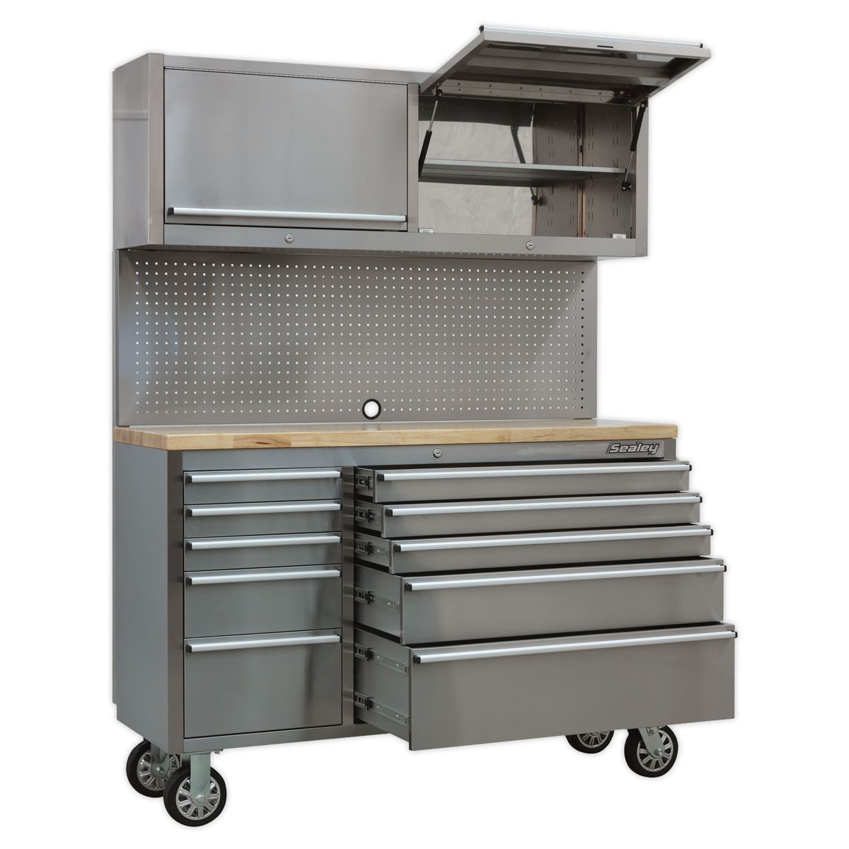 Sealey Mobile Stainless Steel Tool Cabinet 10 Drawer with Backboard & 2 Wall Cup