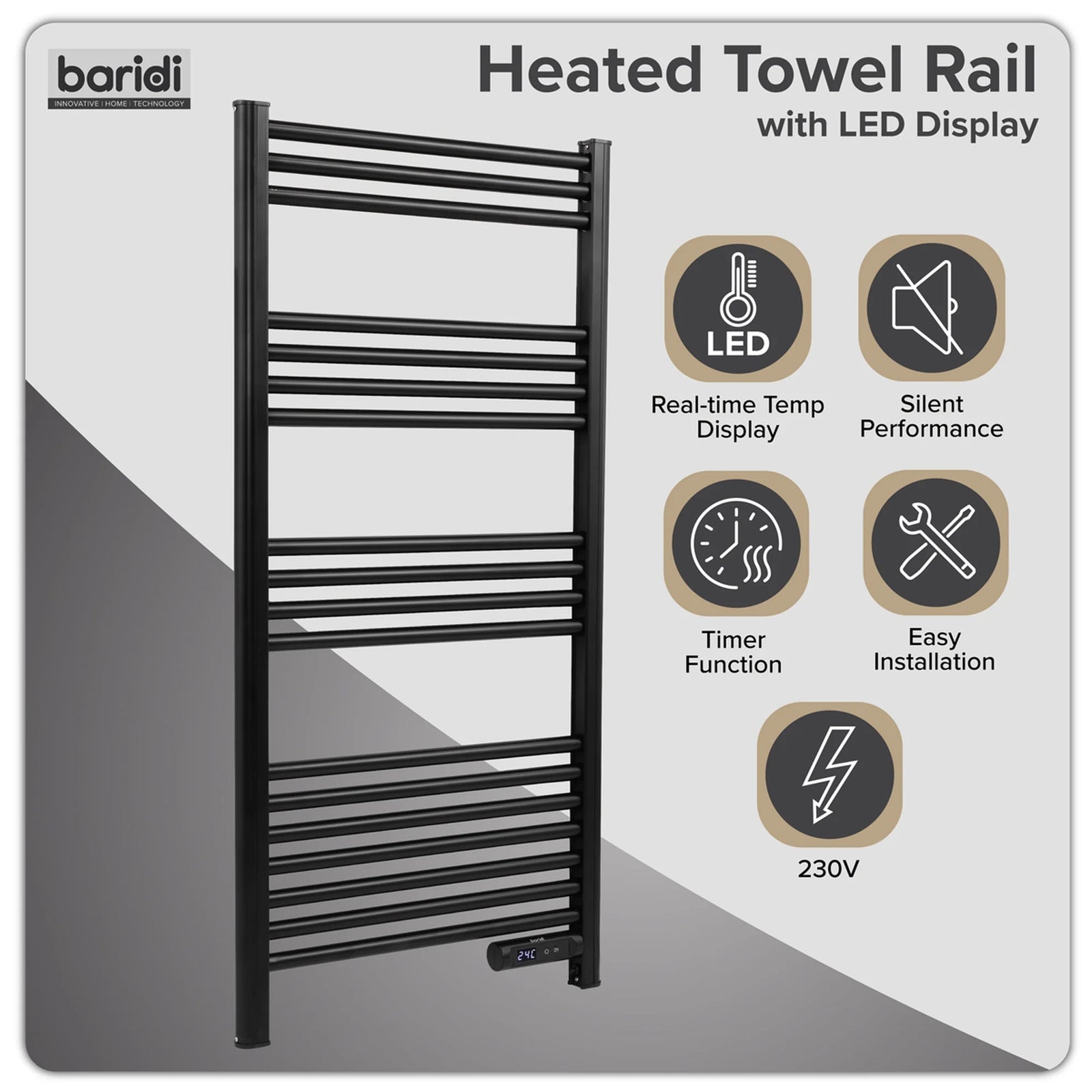 Baridi Electric Heated Towel Rail 425W 1085 x 535mm Black
